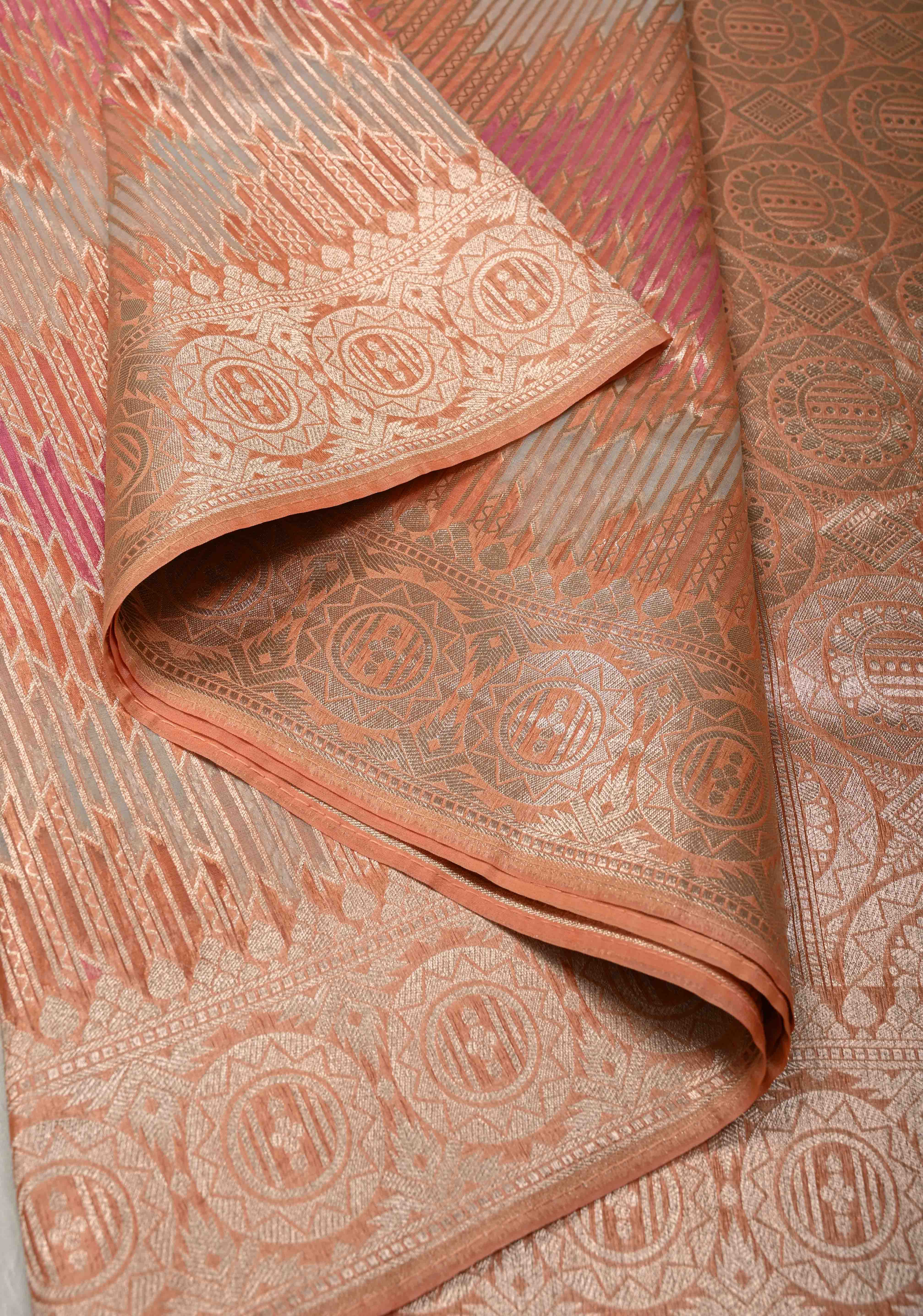 Pastel Hued Rangkaat Style on Banarasi Semi Kora Saree with Chevron Pattern and Zari Border | Shobitam