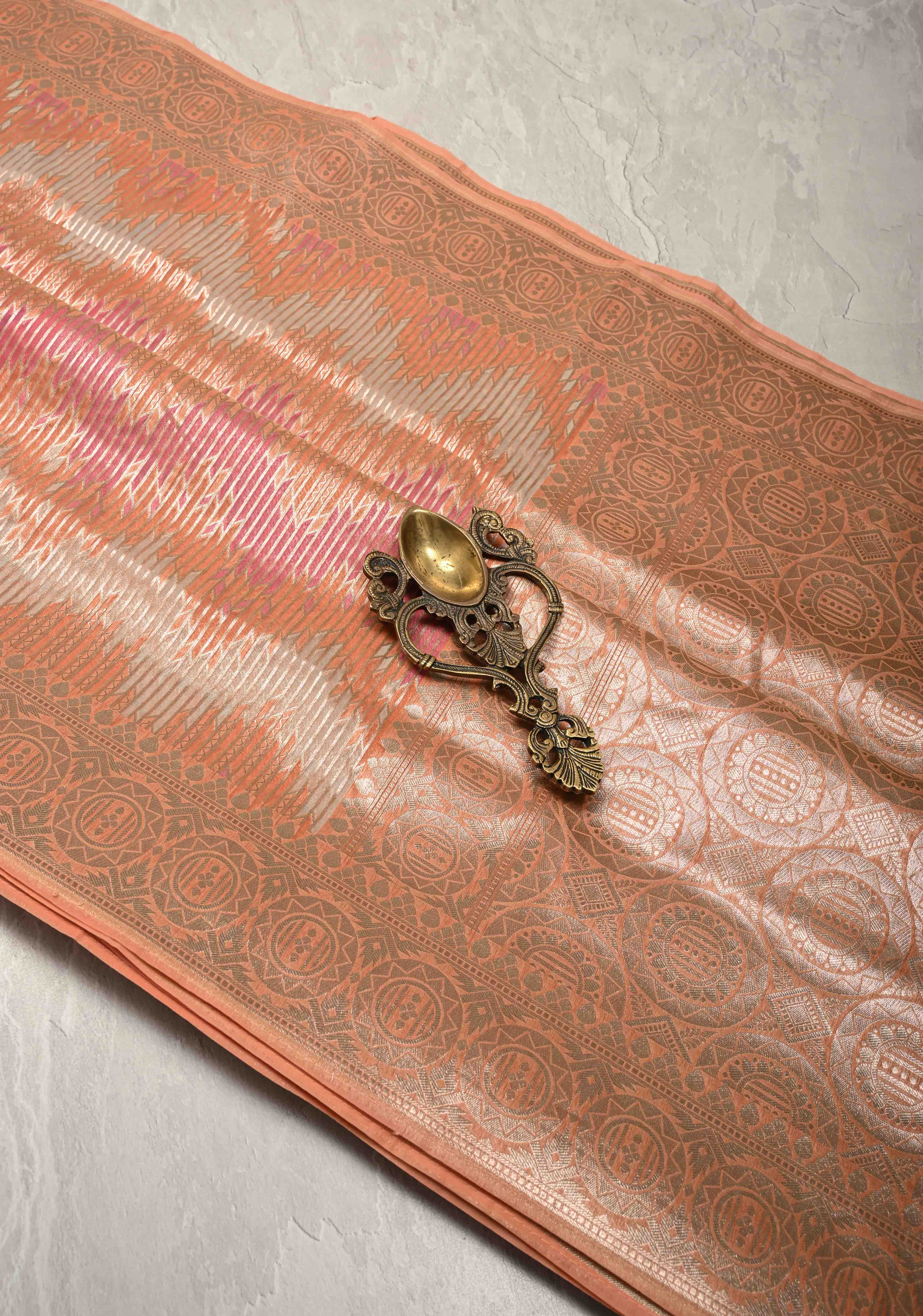 Pastel Hued Rangkaat Style on Banarasi Semi Kora Saree with Chevron Pattern and Zari Border | Shobitam