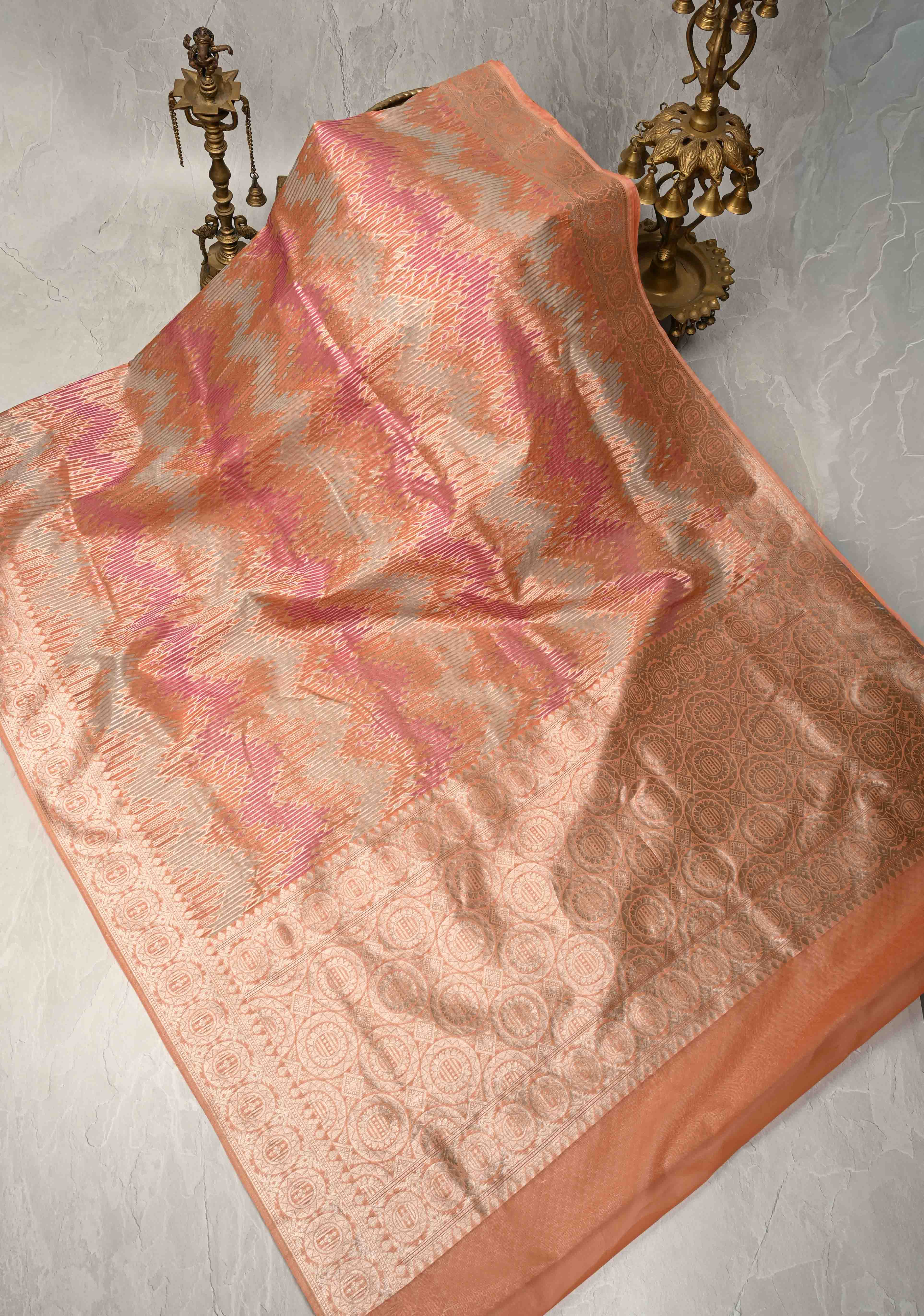 Pastel Hued Rangkaat Style on Banarasi Semi Kora Saree with Chevron Pattern and Zari Border | Shobitam