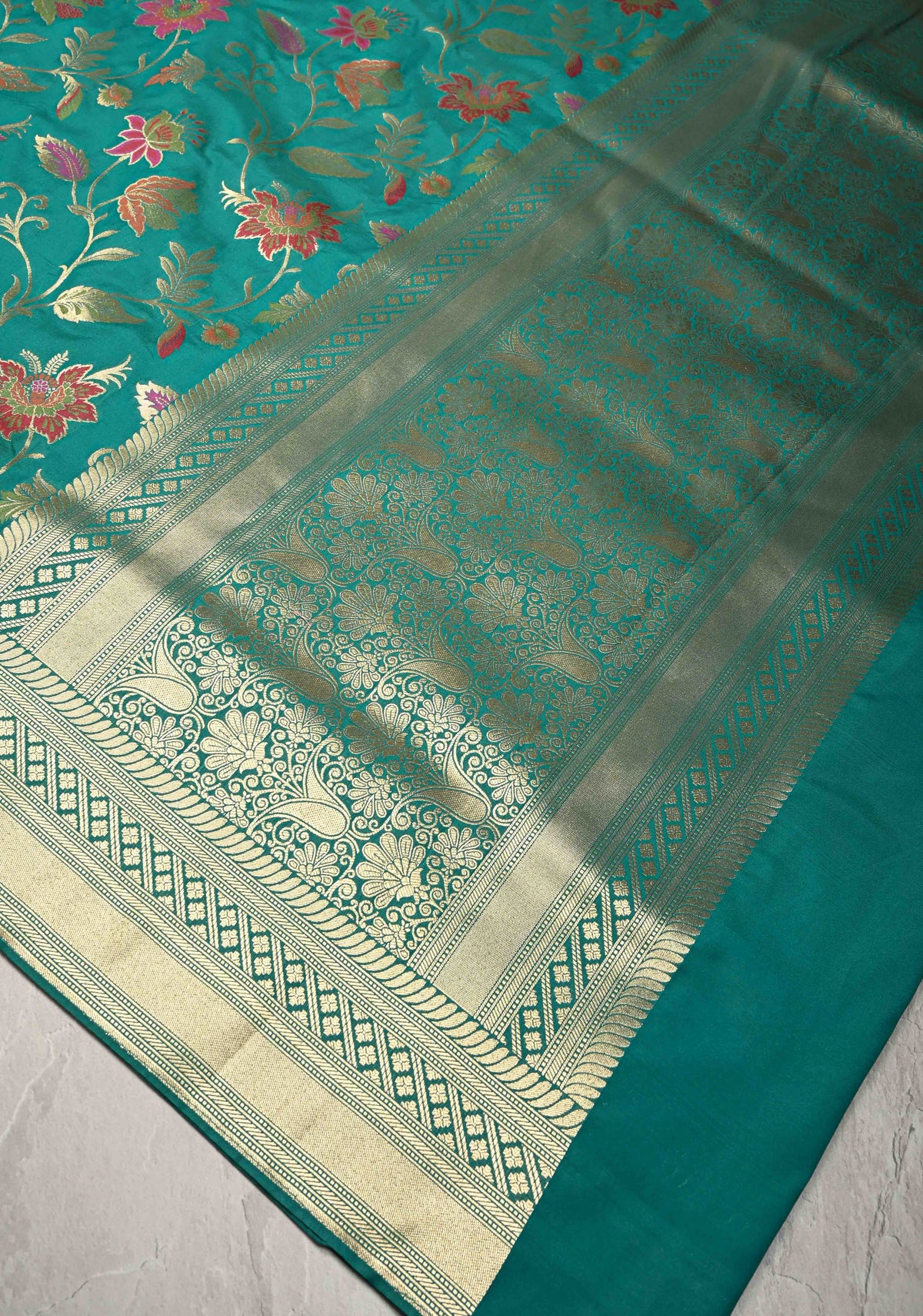 Rama Green Semi Silk Saree with Meenakari Floral Jaal and Zari Border | SHOBITAM