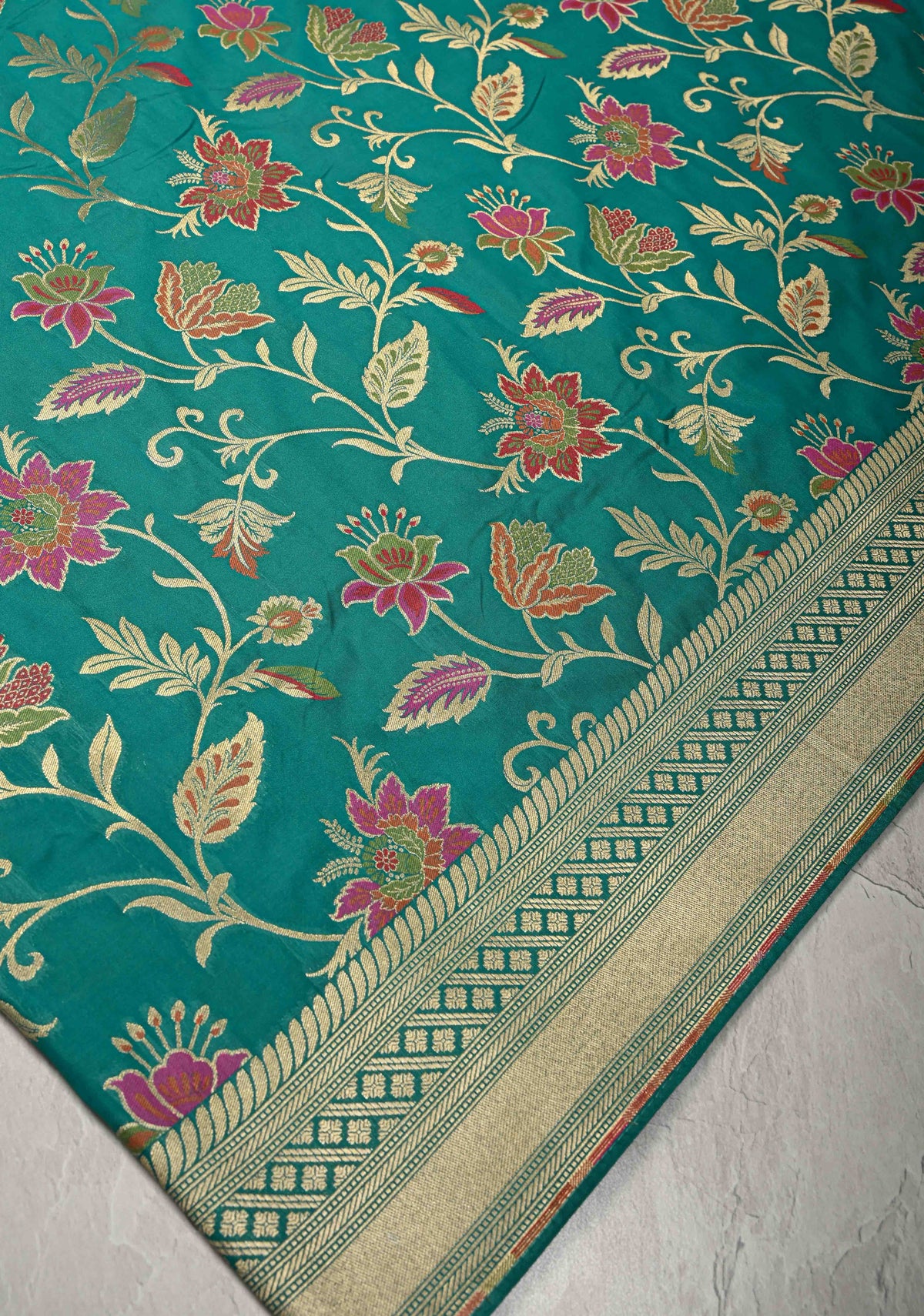 Rama Green Semi Silk Saree with Meenakari Floral Jaal and Zari Border | SHOBITAM