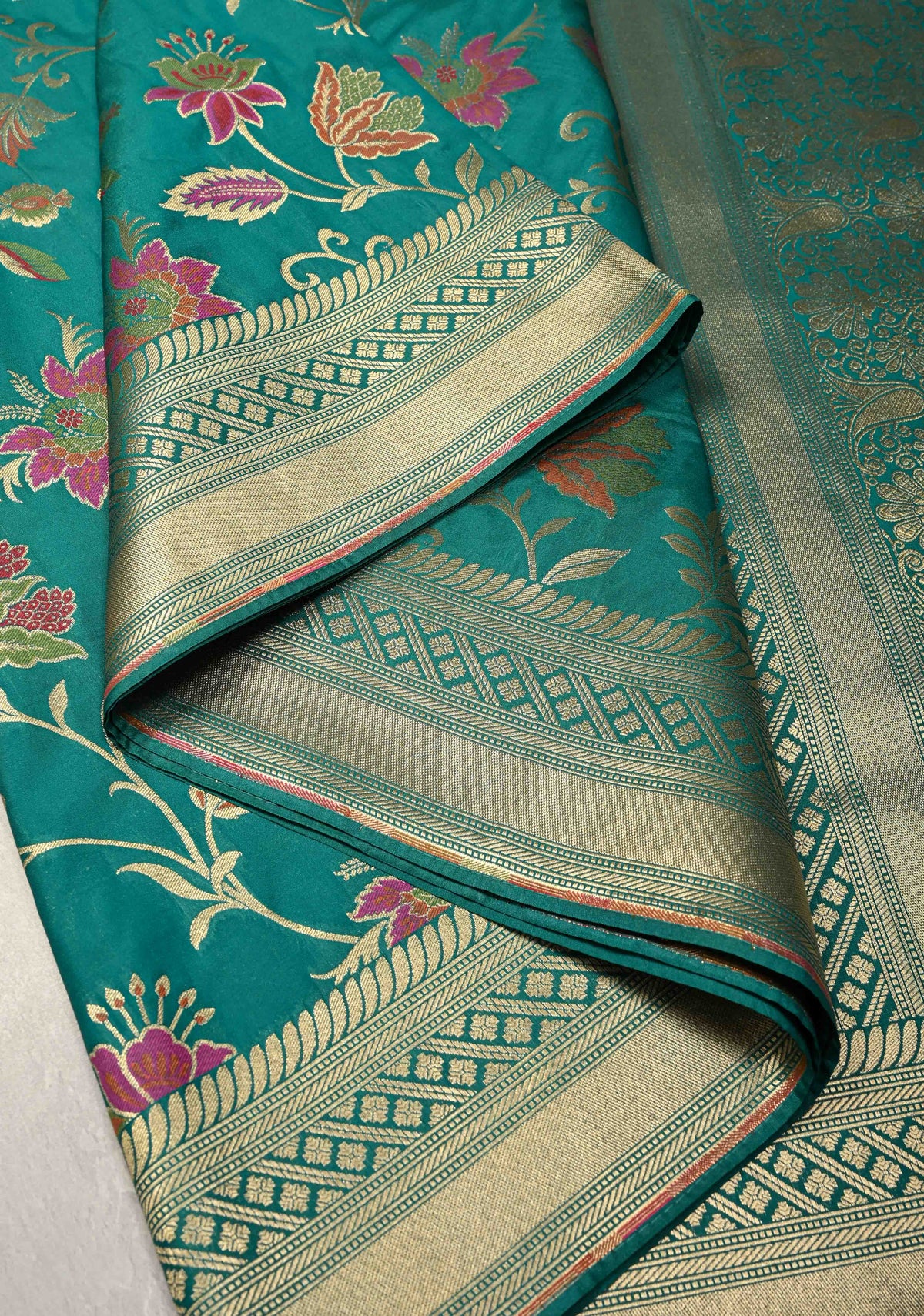 Rama Green Semi Silk Saree with Meenakari Floral Jaal and Zari Border | SHOBITAM