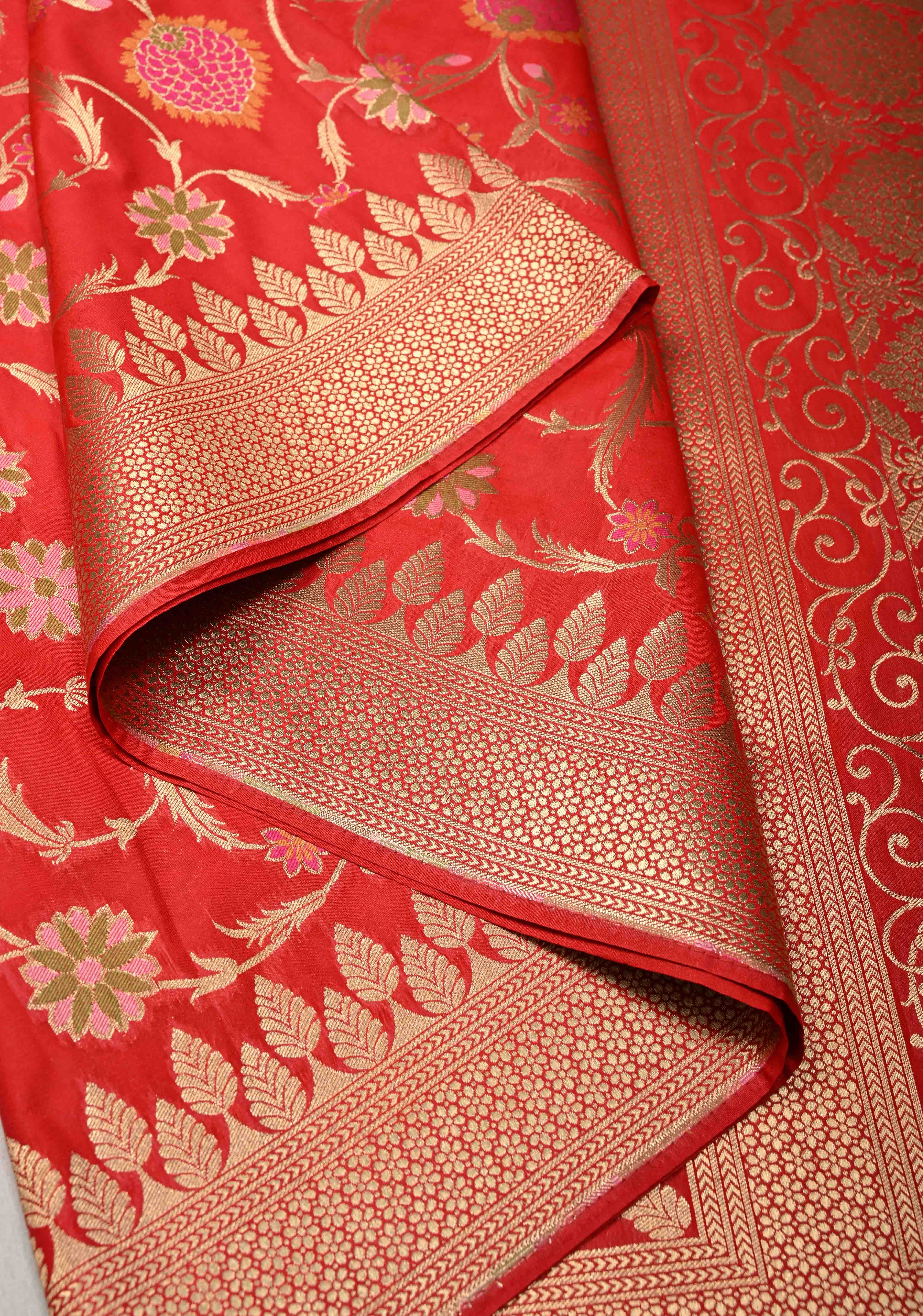 Red Semi Silk Saree with Meenakari Floral Jaal and Zari Border | Shobitam