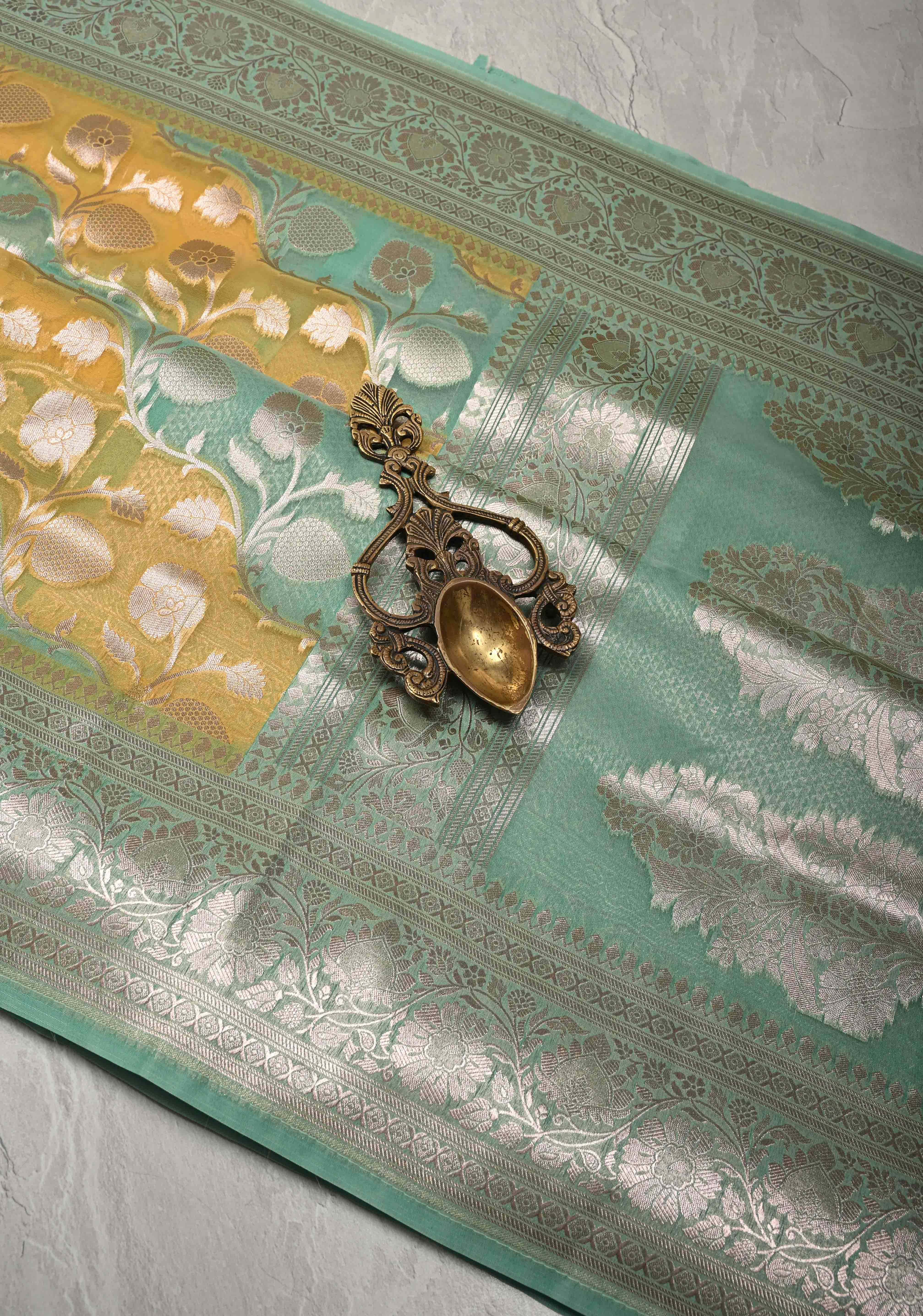 Mint Green-Yellow Leheria Pattern on Banarasi Semi Kora Saree with Floral Jaal and Zari Border | Shobitam