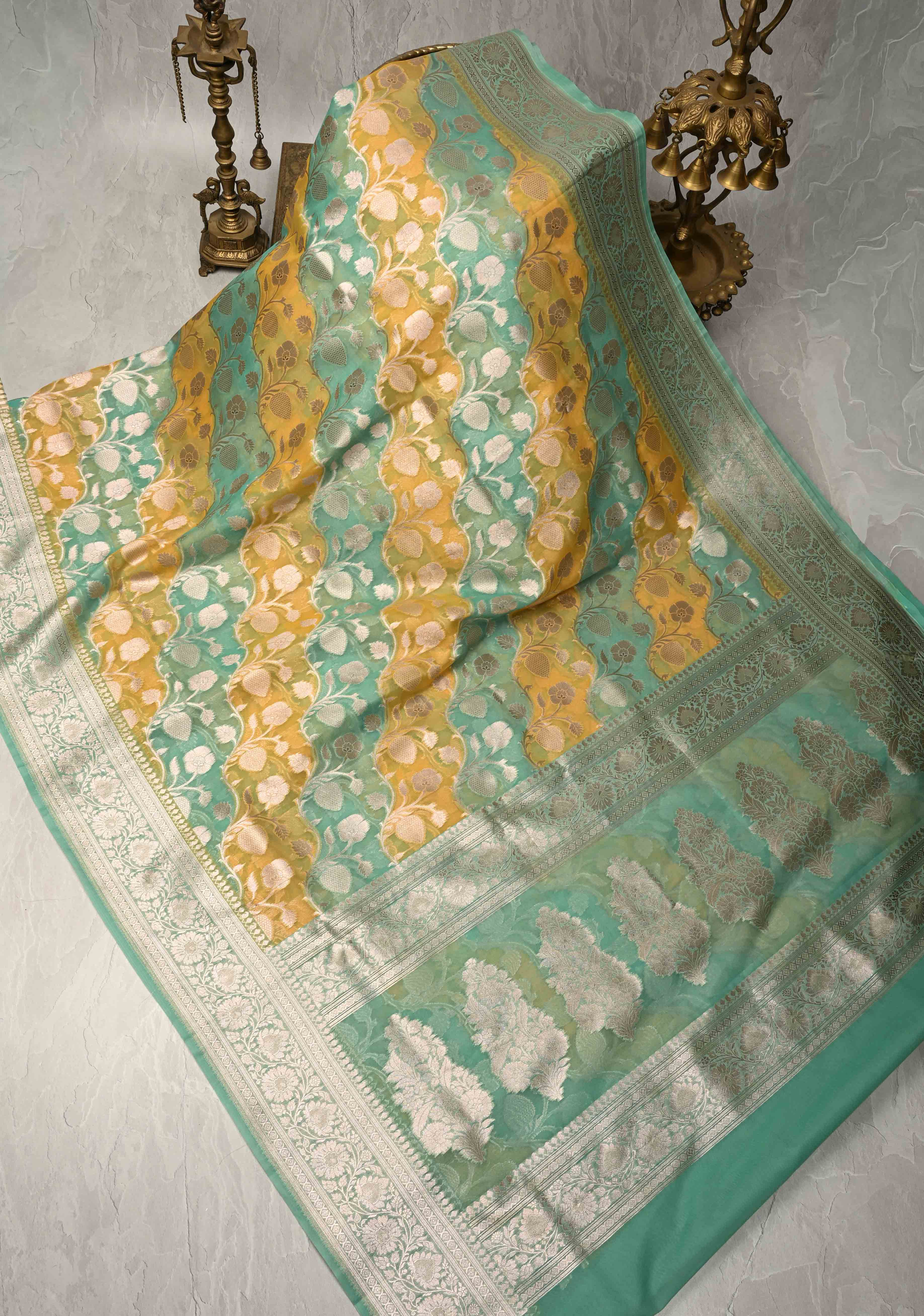 Mint Green-Yellow Leheria Pattern on Banarasi Semi Kora Saree with Floral Jaal and Zari Border | Shobitam
