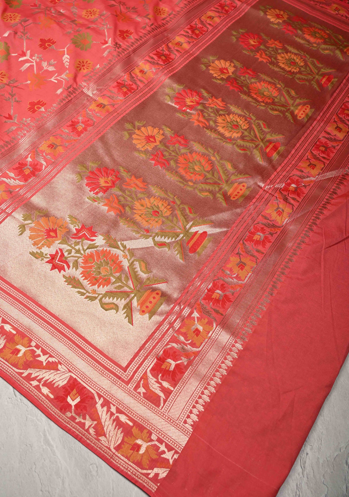 Coral Pink Semi Silk Saree with Meenakari Trellis Jaal and Zari Border | SHOBITAM