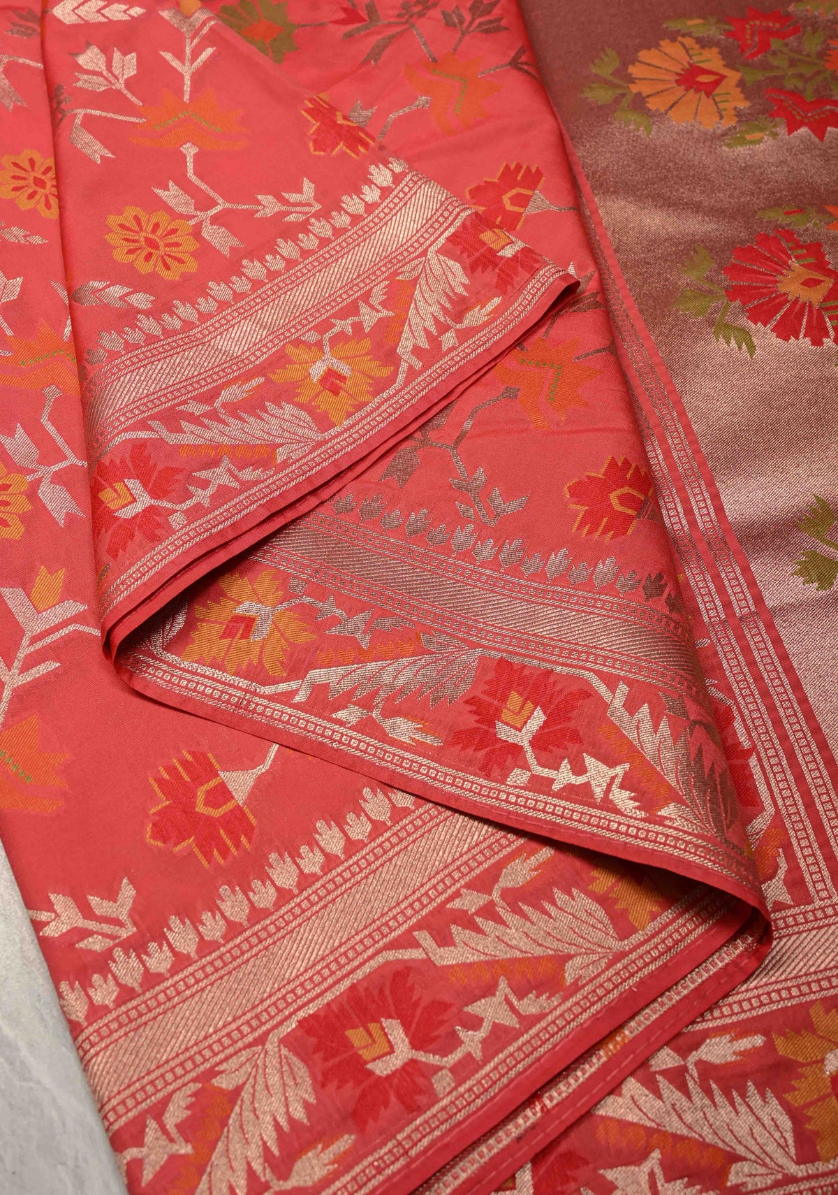 Coral Pink Semi Silk Saree with Meenakari Trellis Jaal and Zari Border | SHOBITAM