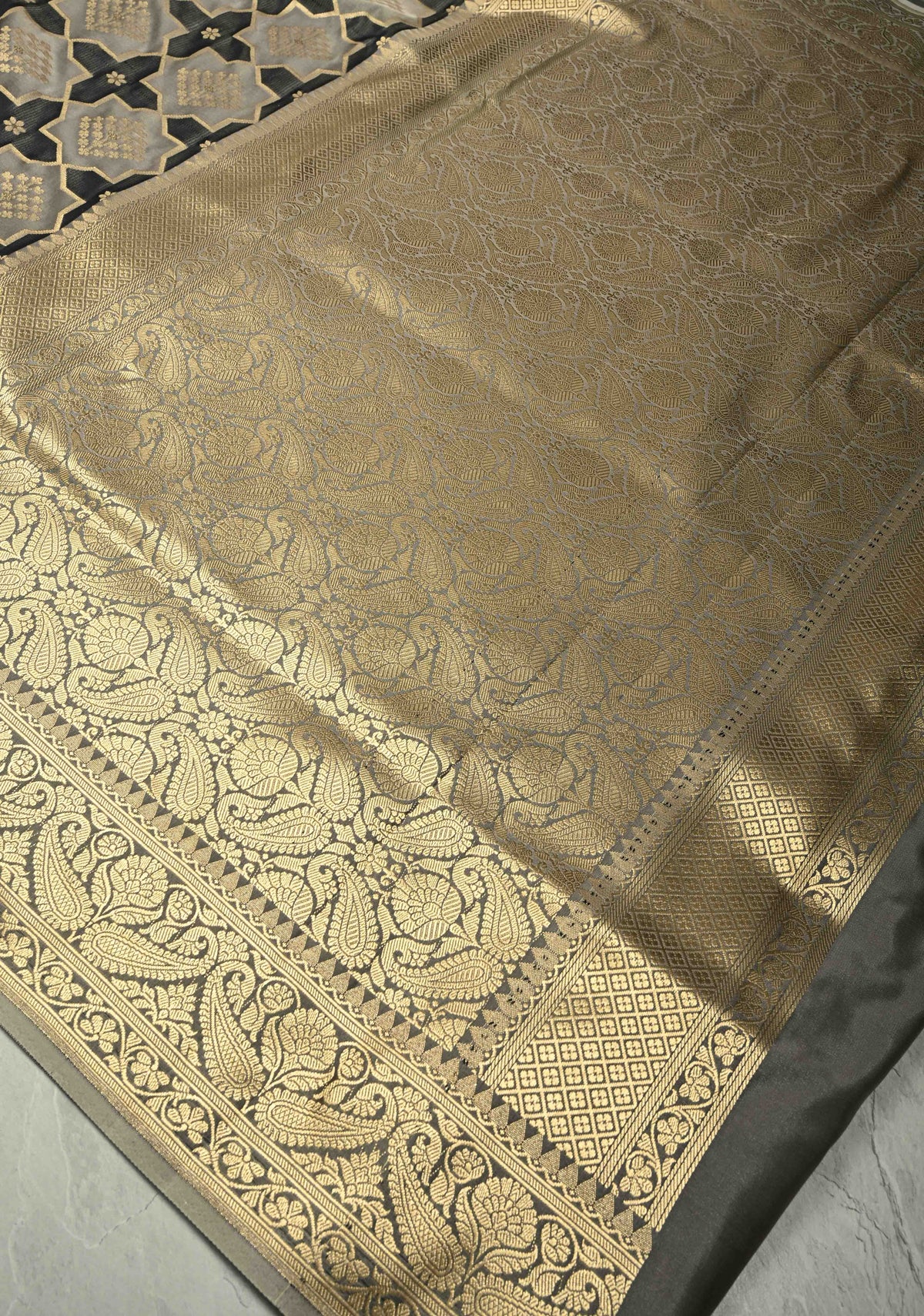 Black-Gray Banarasi Vertical Stripes Semi Mashru Silk Saree with Geometric Brocade and Zari Border | SHOBITAM