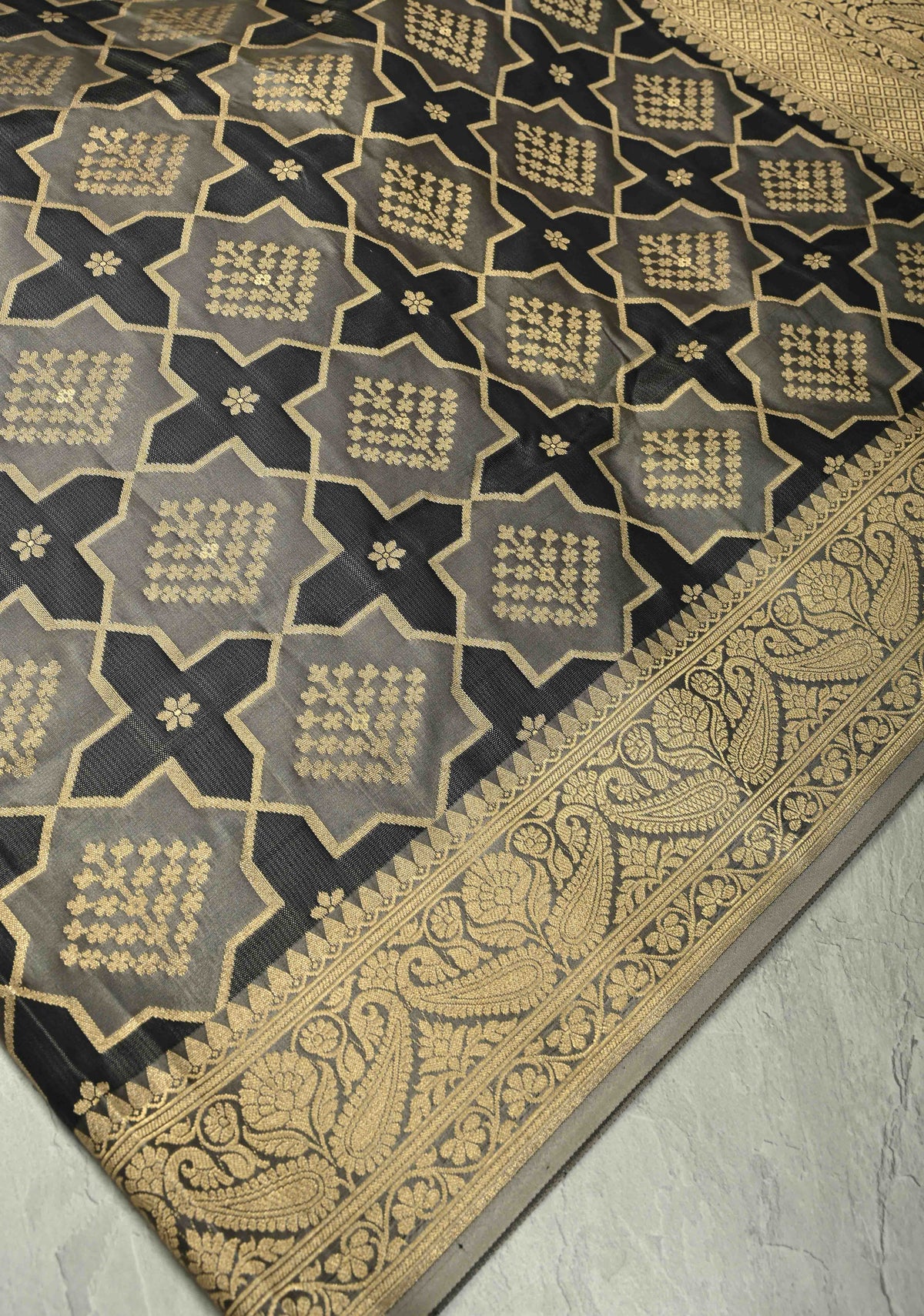 Black-Gray Banarasi Vertical Stripes Semi Mashru Silk Saree with Geometric Brocade and Zari Border | SHOBITAM