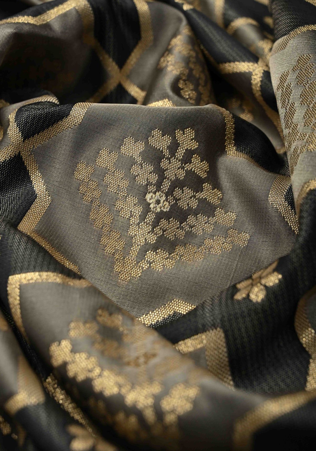 Black-Gray Banarasi Vertical Stripes Semi Mashru Silk Saree with Geometric Brocade and Zari Border | SHOBITAM