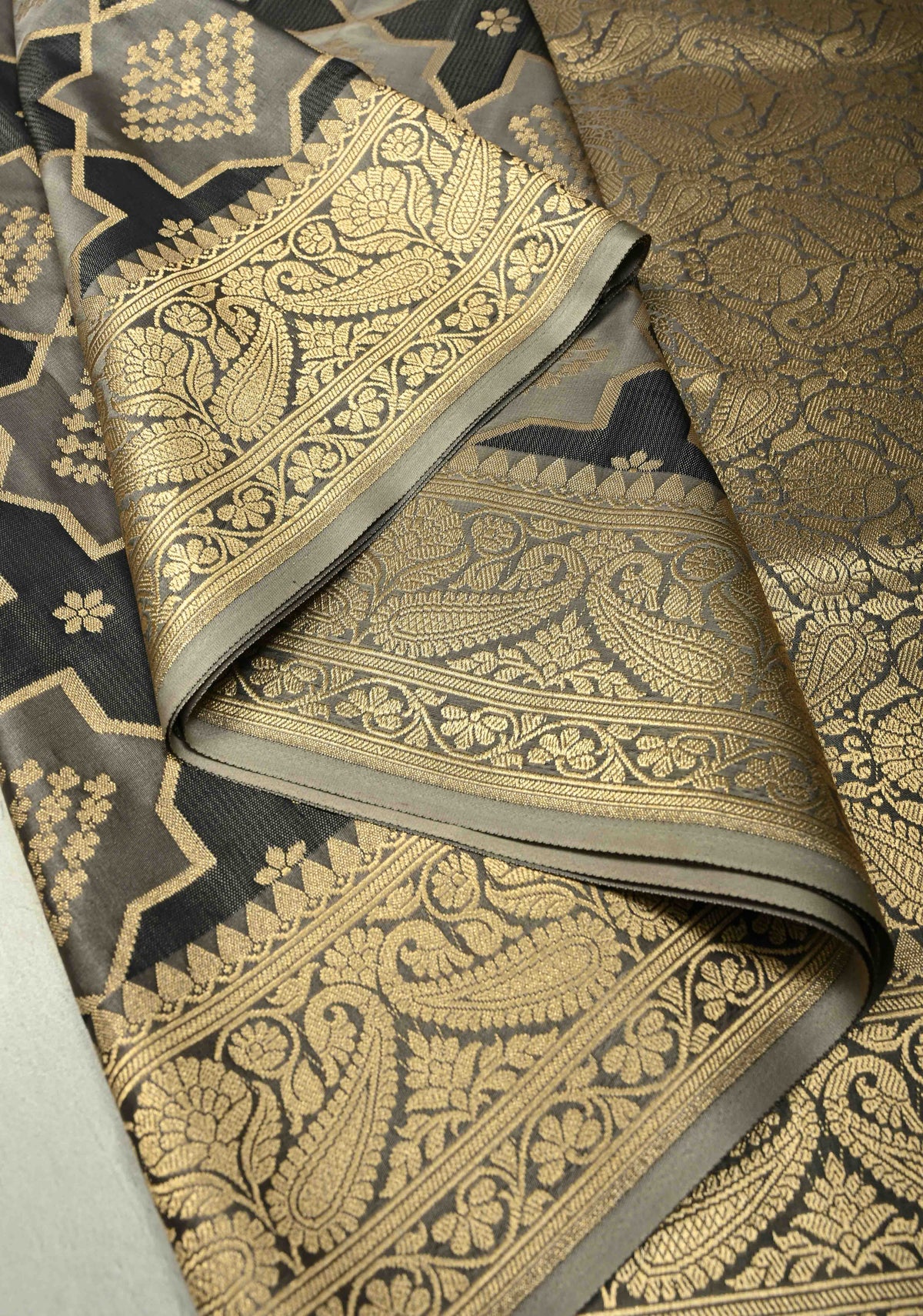 Black-Gray Banarasi Vertical Stripes Semi Mashru Silk Saree with Geometric Brocade and Zari Border | SHOBITAM