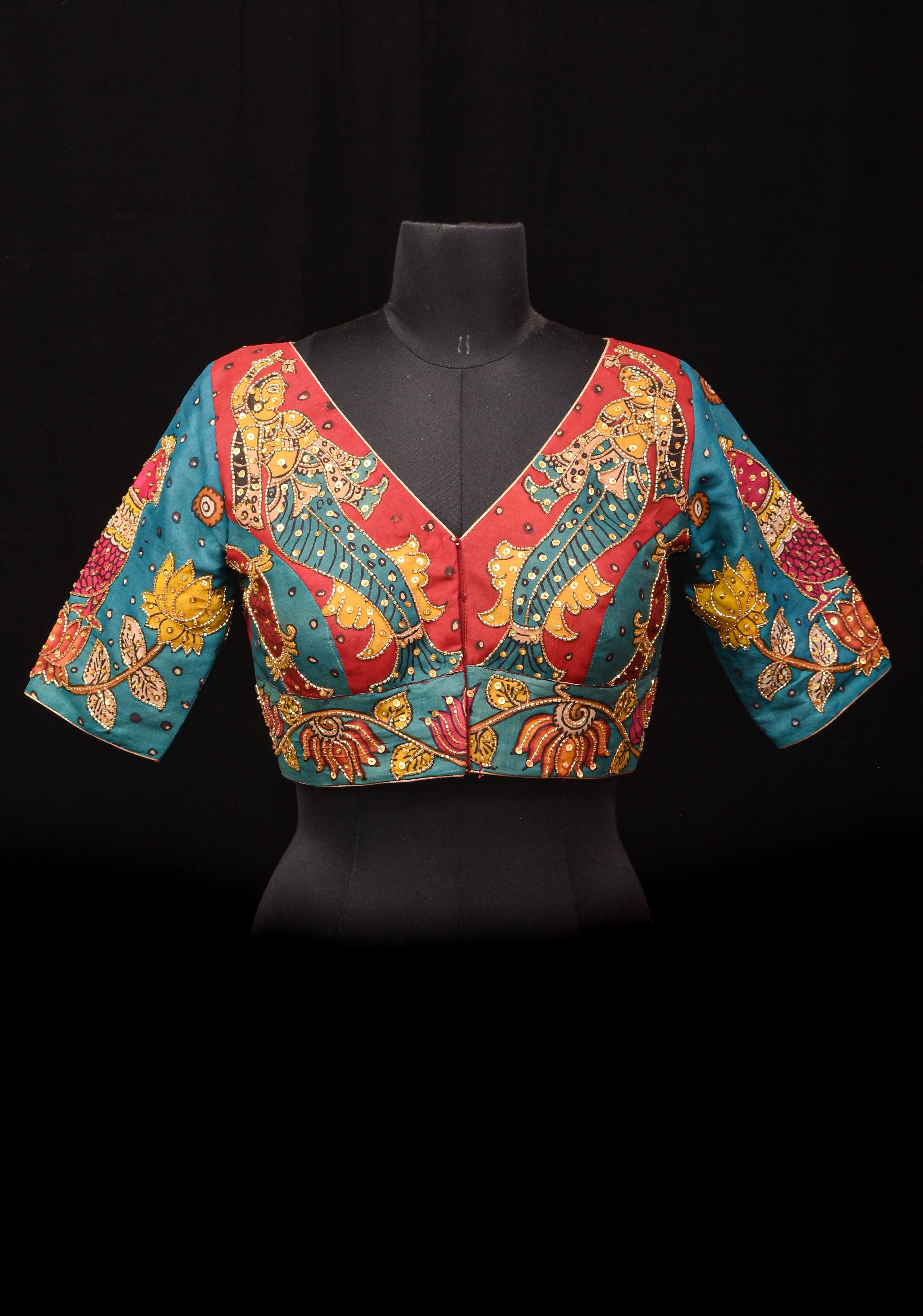 Pen Kalamkari And Cutdana Handwork Blouse in Blue and Red, Made to Order | Shobitam