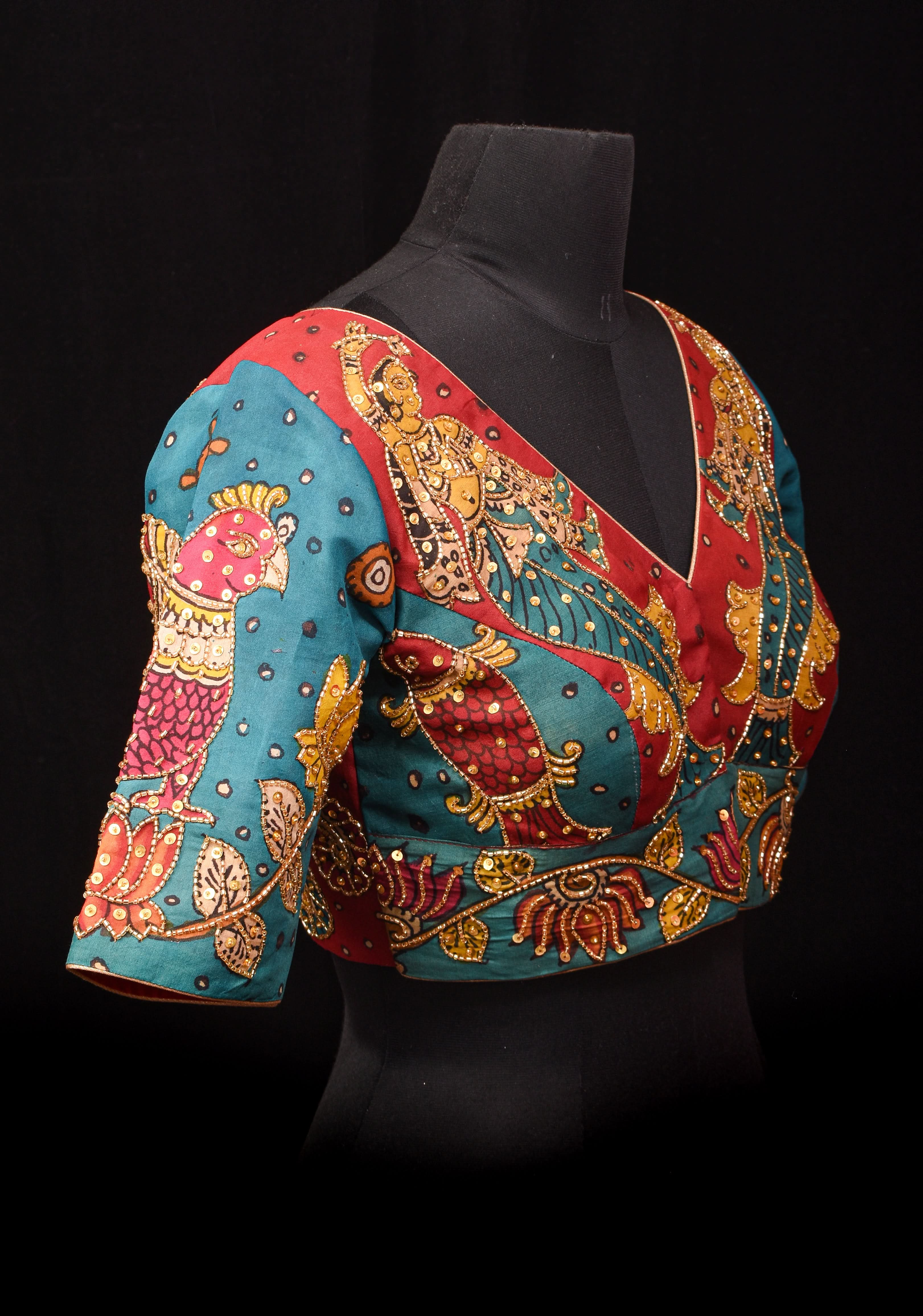 Pen Kalamkari And Cutdana Handwork Blouse in Blue and Red, Made to Order | Shobitam