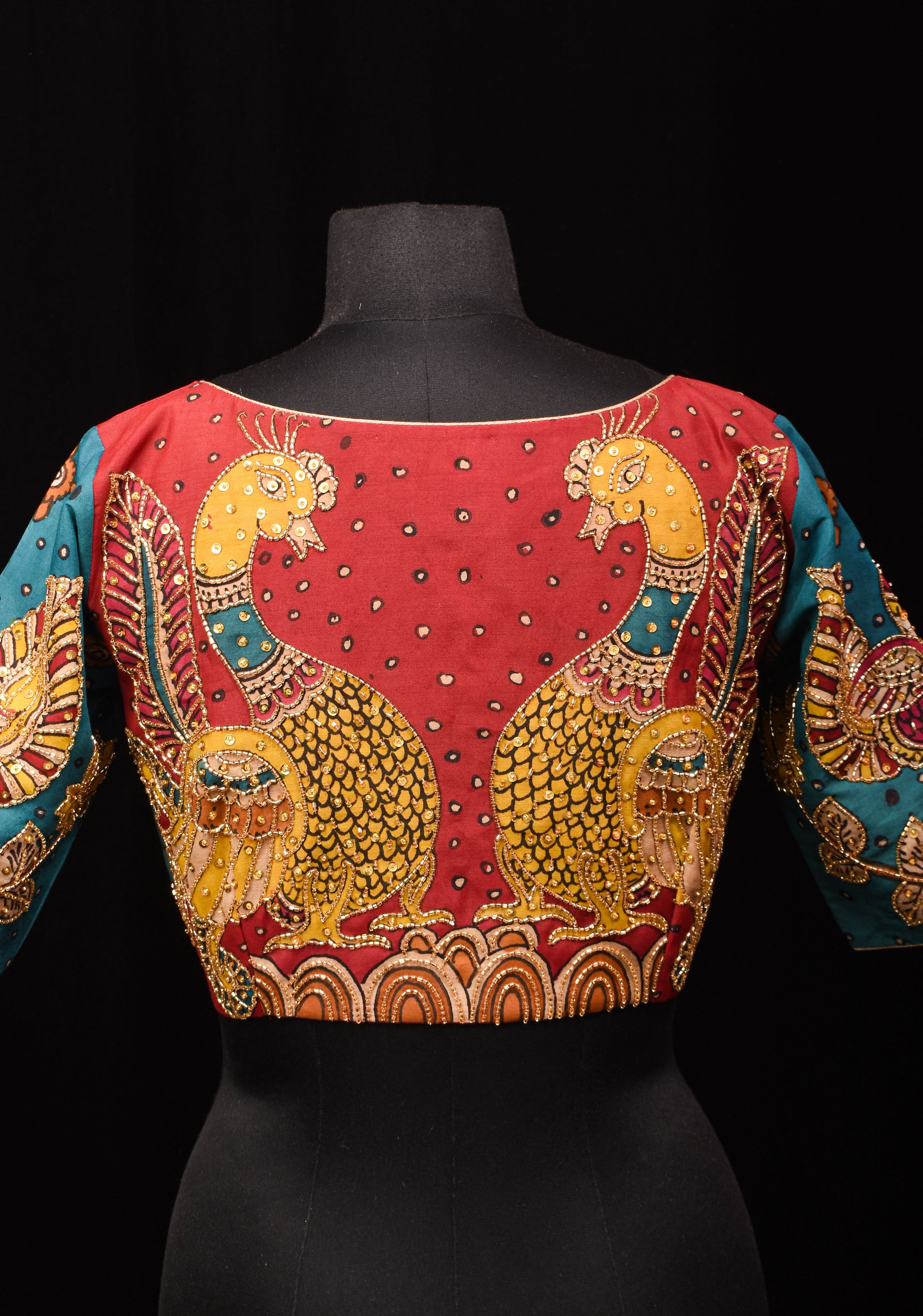 Pen Kalamkari And Cutdana Handwork Blouse in Blue and Red, Made to Order | Shobitam