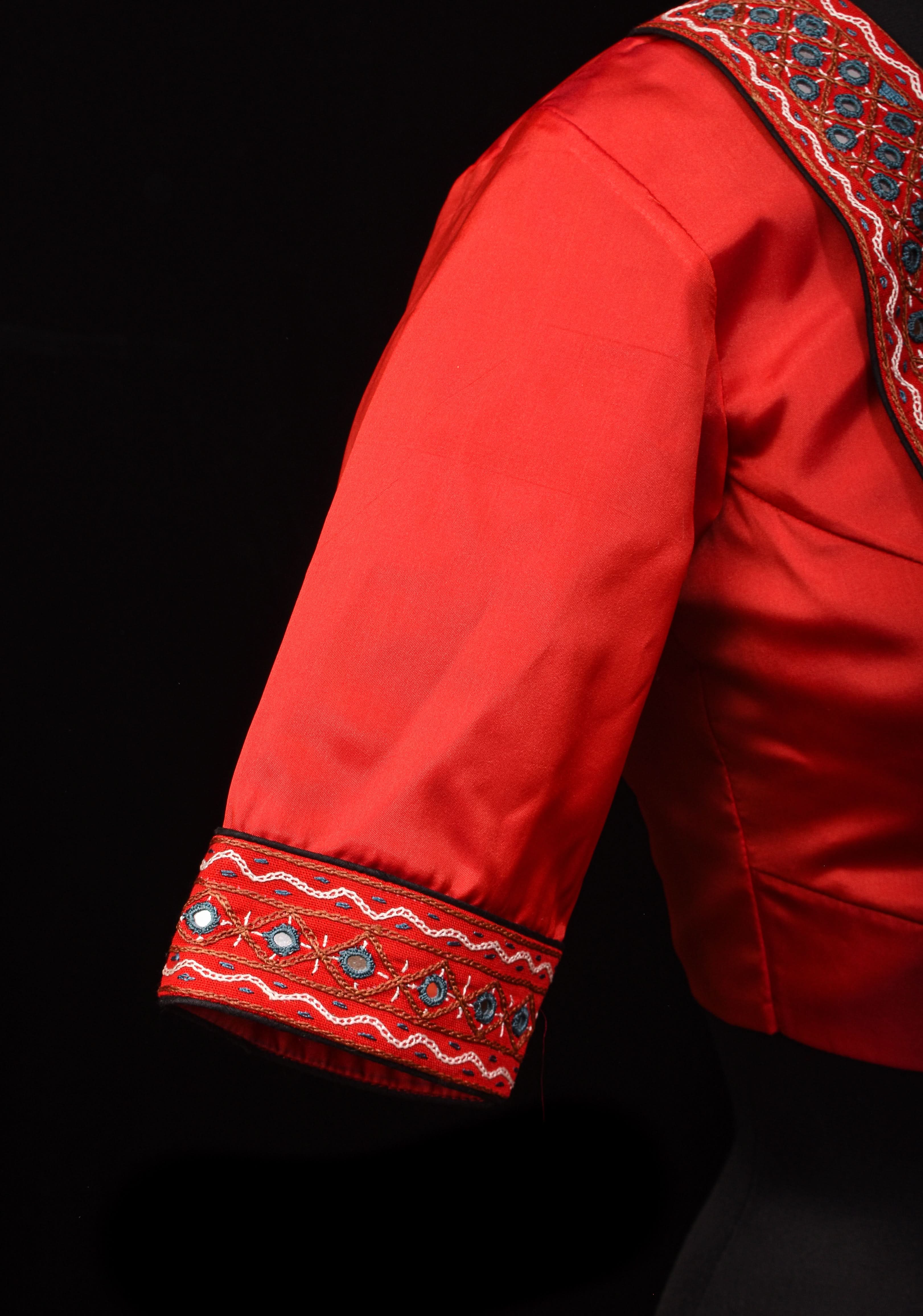 Banjaran Flap Yoke Style Red Mirrorwork Blouse, Made to Order | Shobitam
