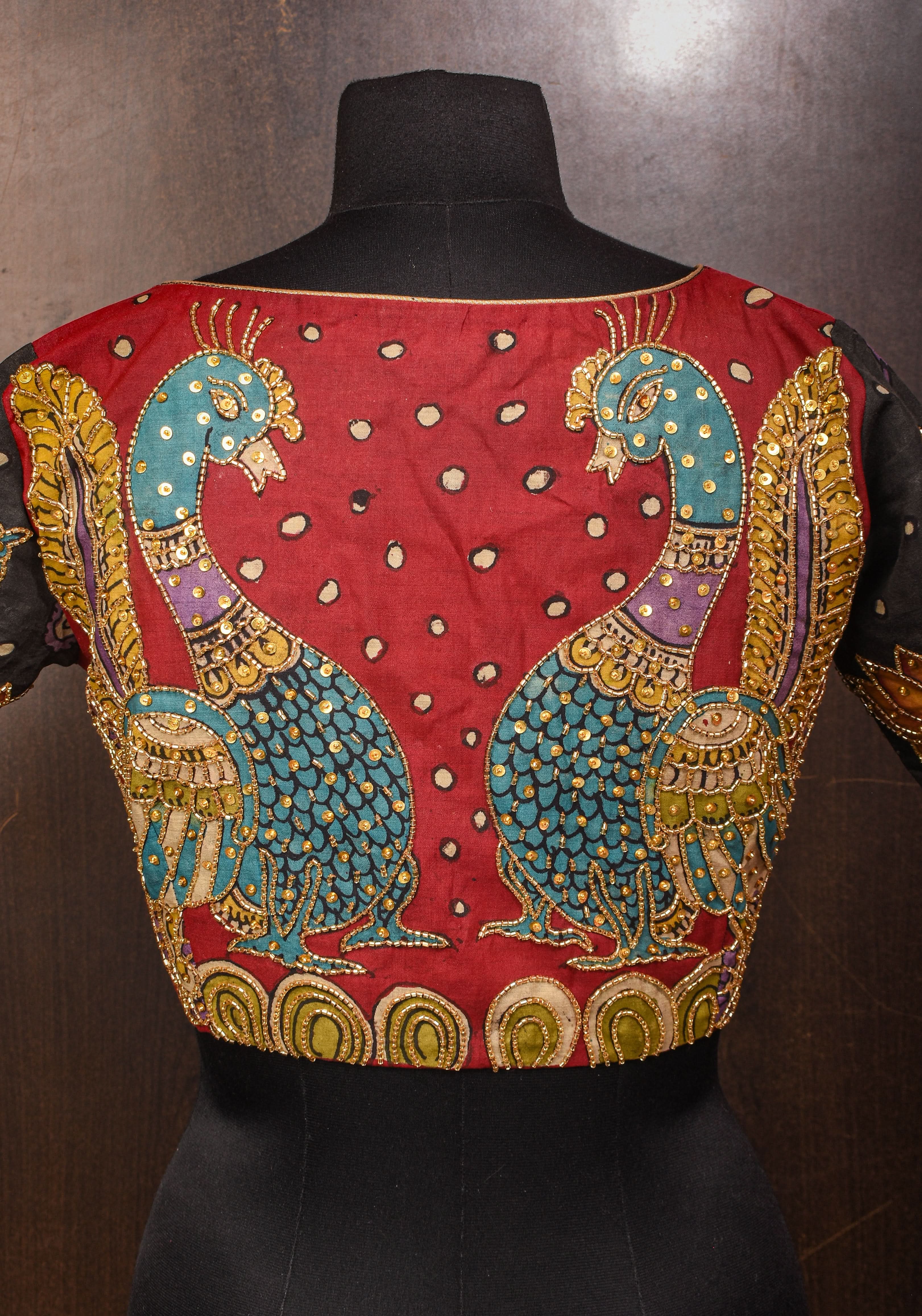 Maroon and Black Kalamkari Embroidery Blouse with Cutdana Work Detailings | SHOBITAM