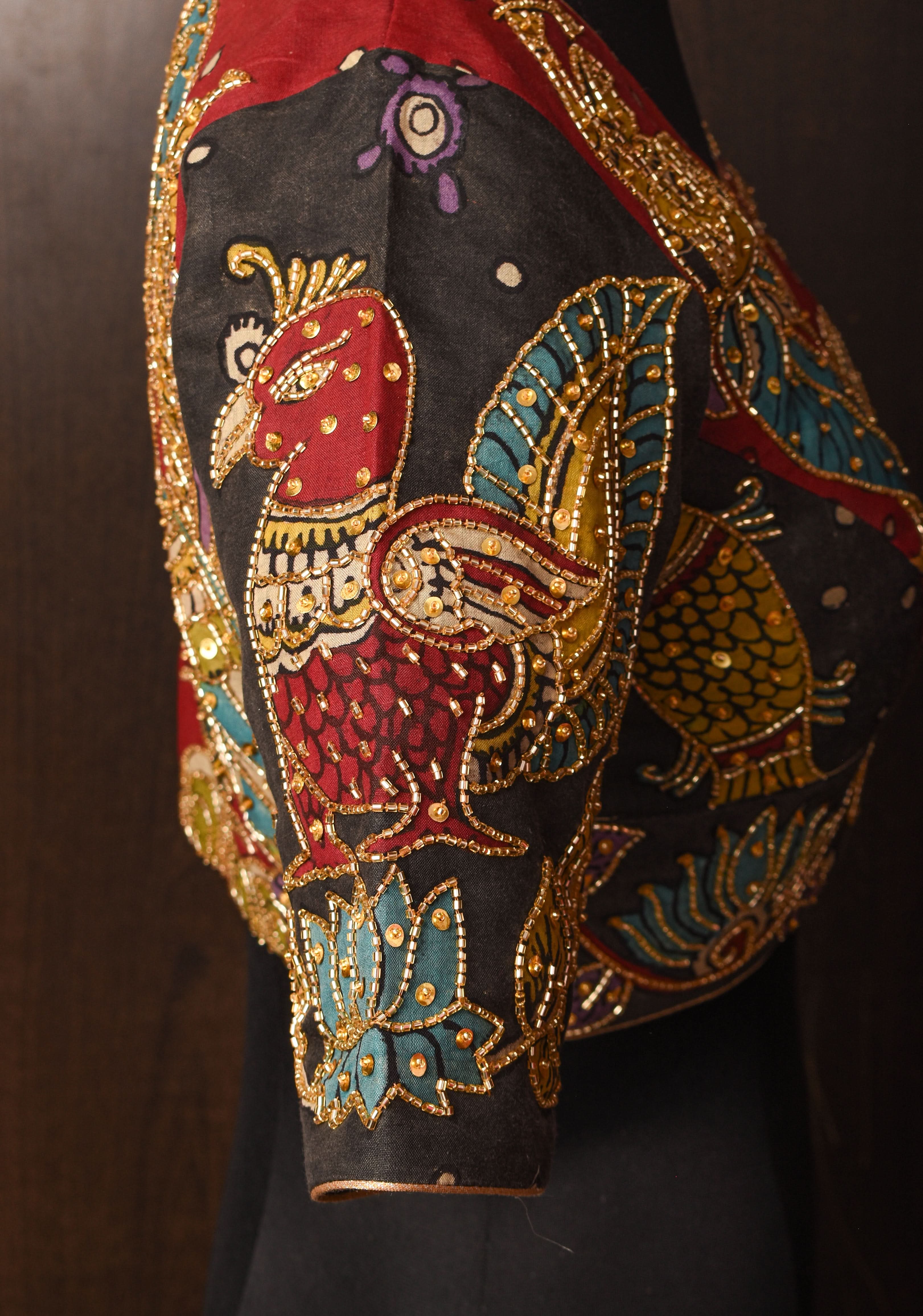 Maroon and Black Kalamkari Embroidery Blouse with Cutdana Work Detailings | SHOBITAM