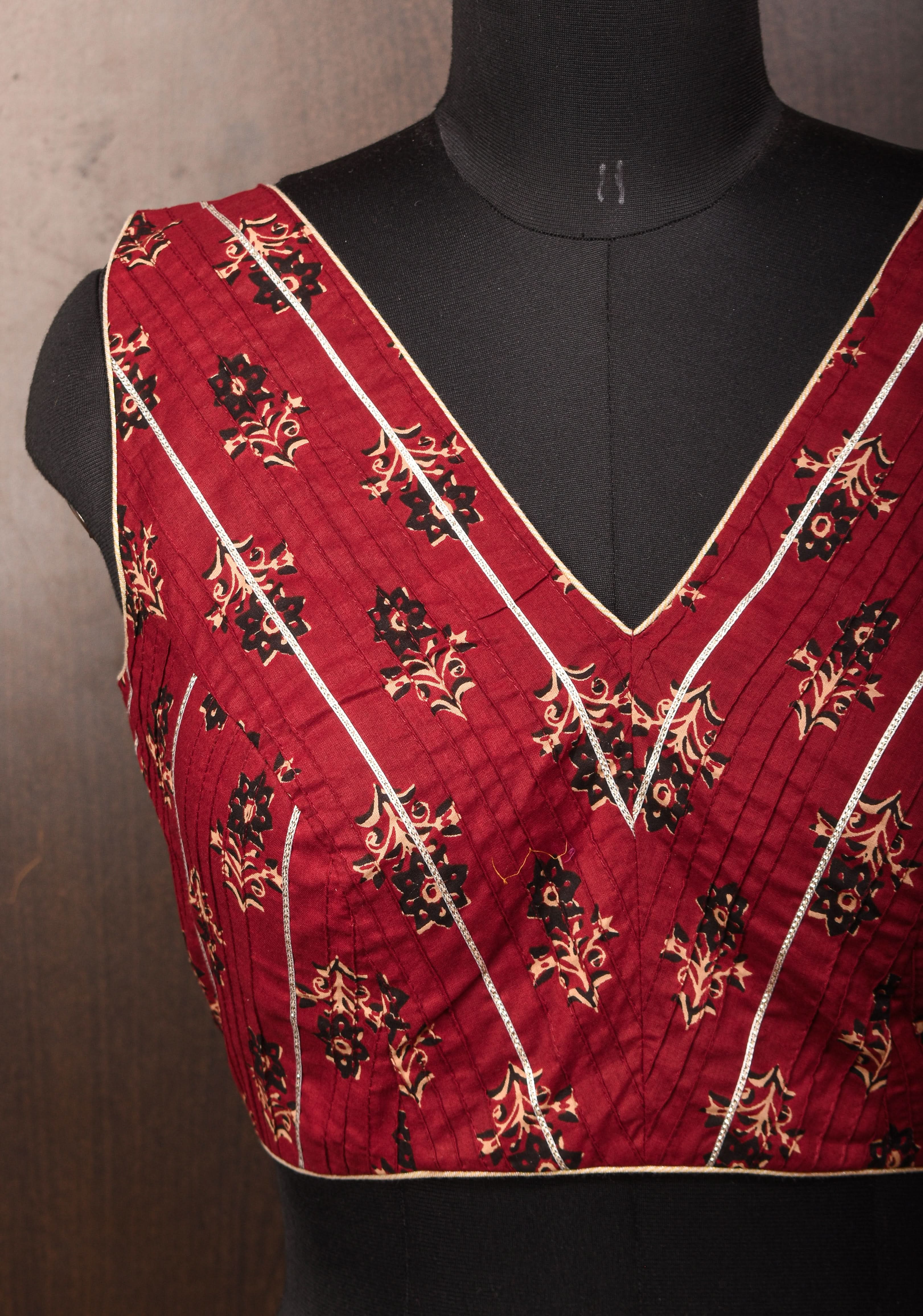 Made To Order: Red Pintuck with Lace work V neck Front Blouse | Shobitam