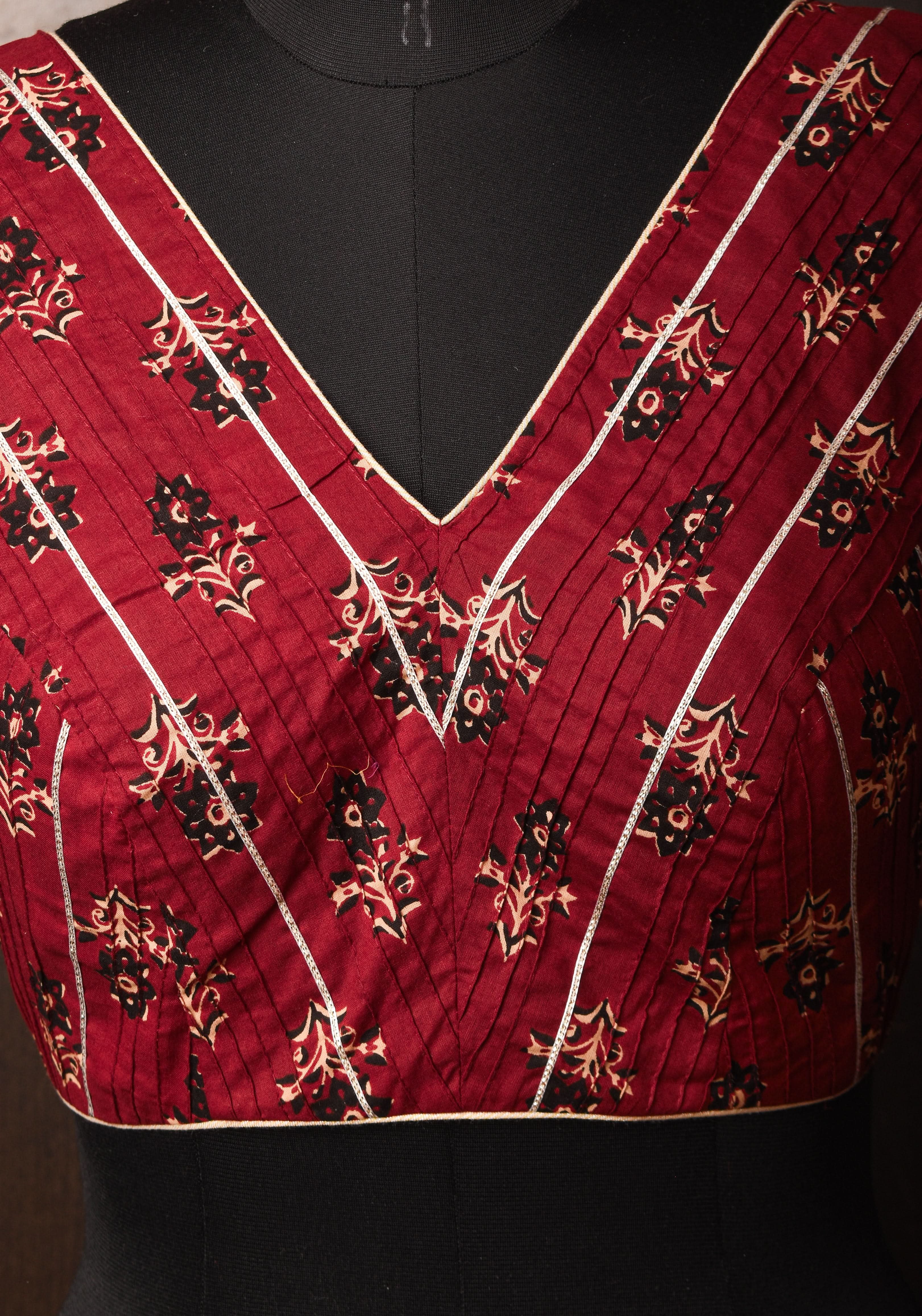 Made To Order: Red Pintuck with Lace work V neck Front Blouse | Shobitam