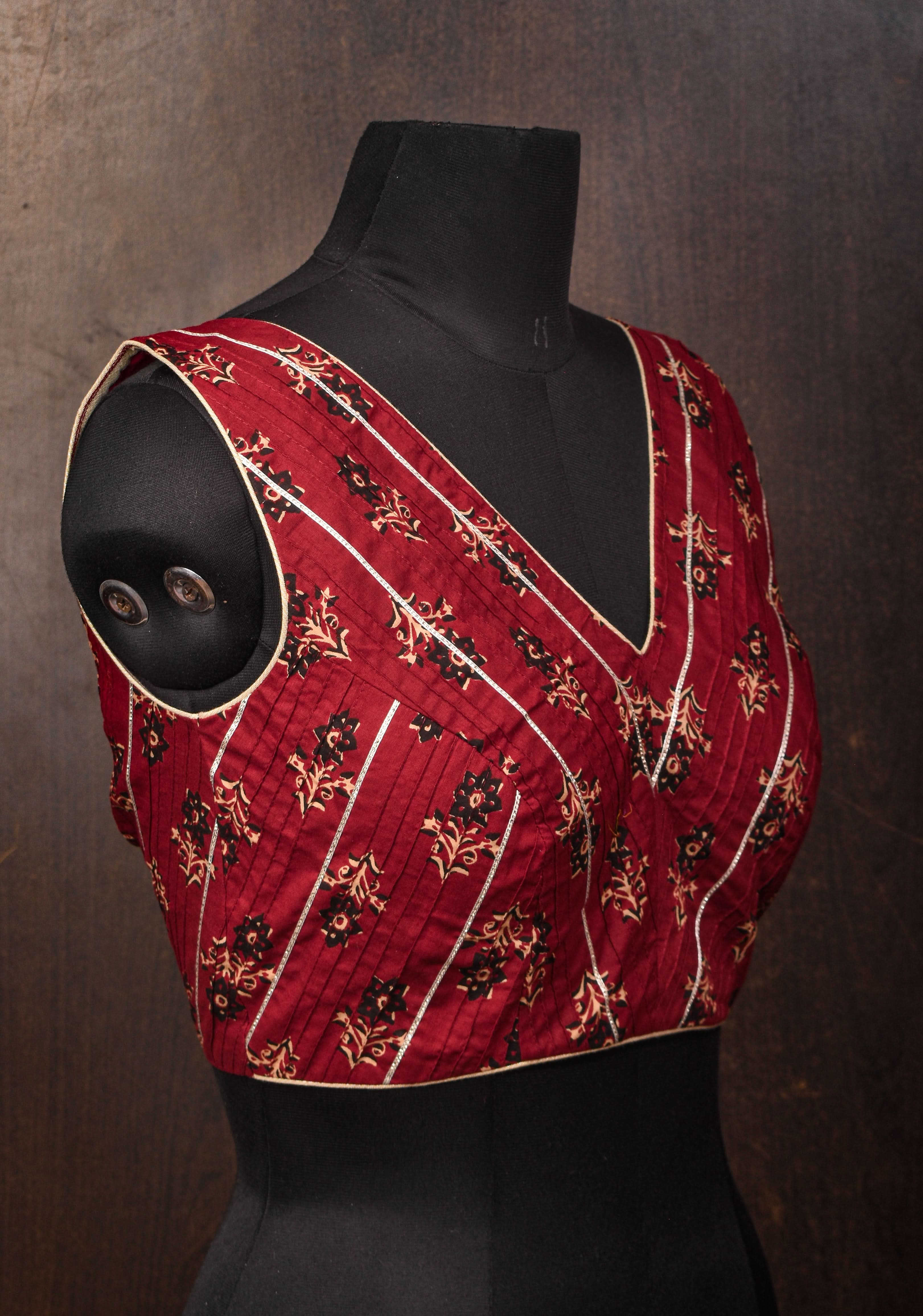 Made To Order: Red Pintuck with Lace work V neck Front Blouse | Shobitam