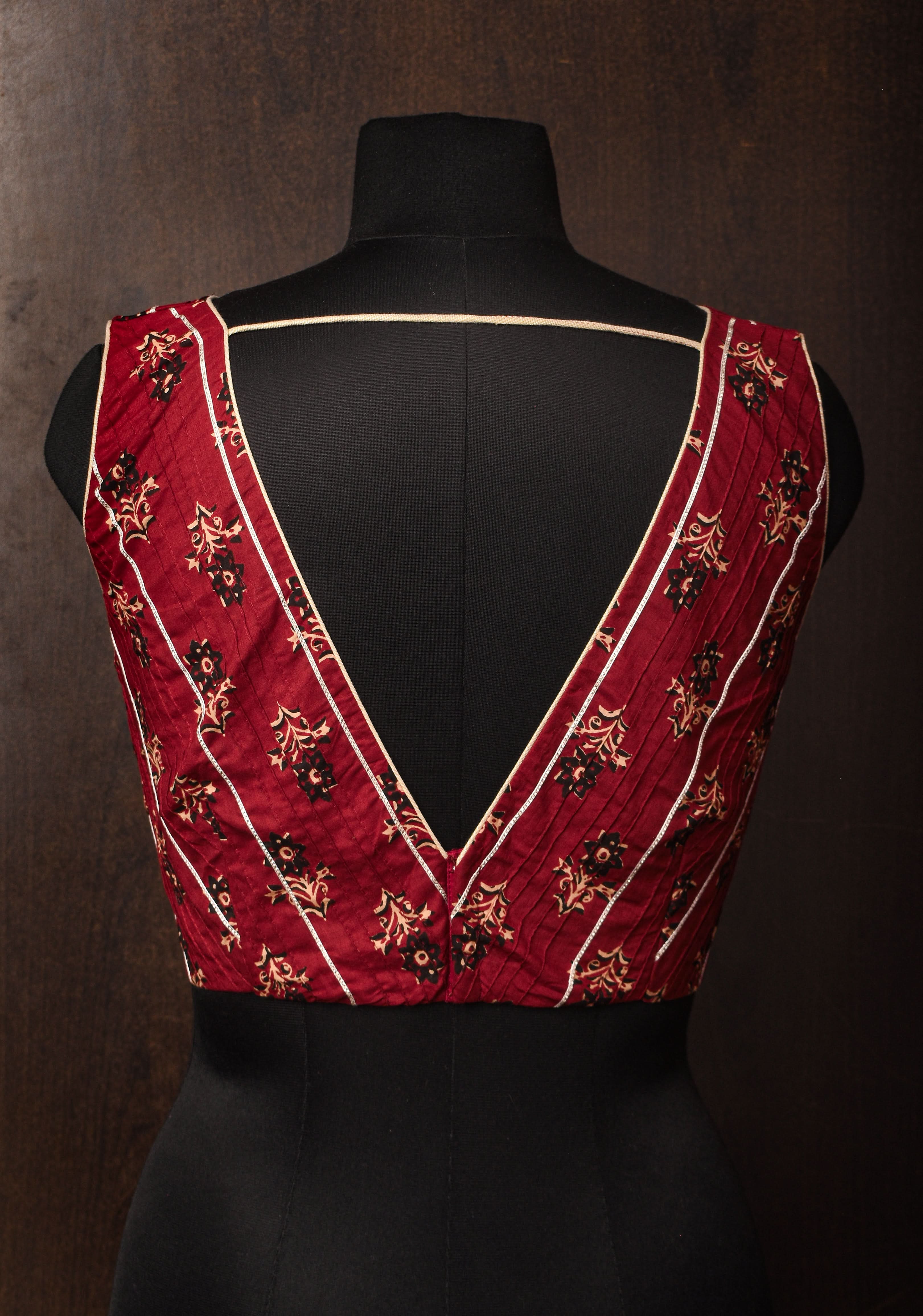 Made To Order: Red Pintuck with Lace work V neck Front Blouse | Shobitam