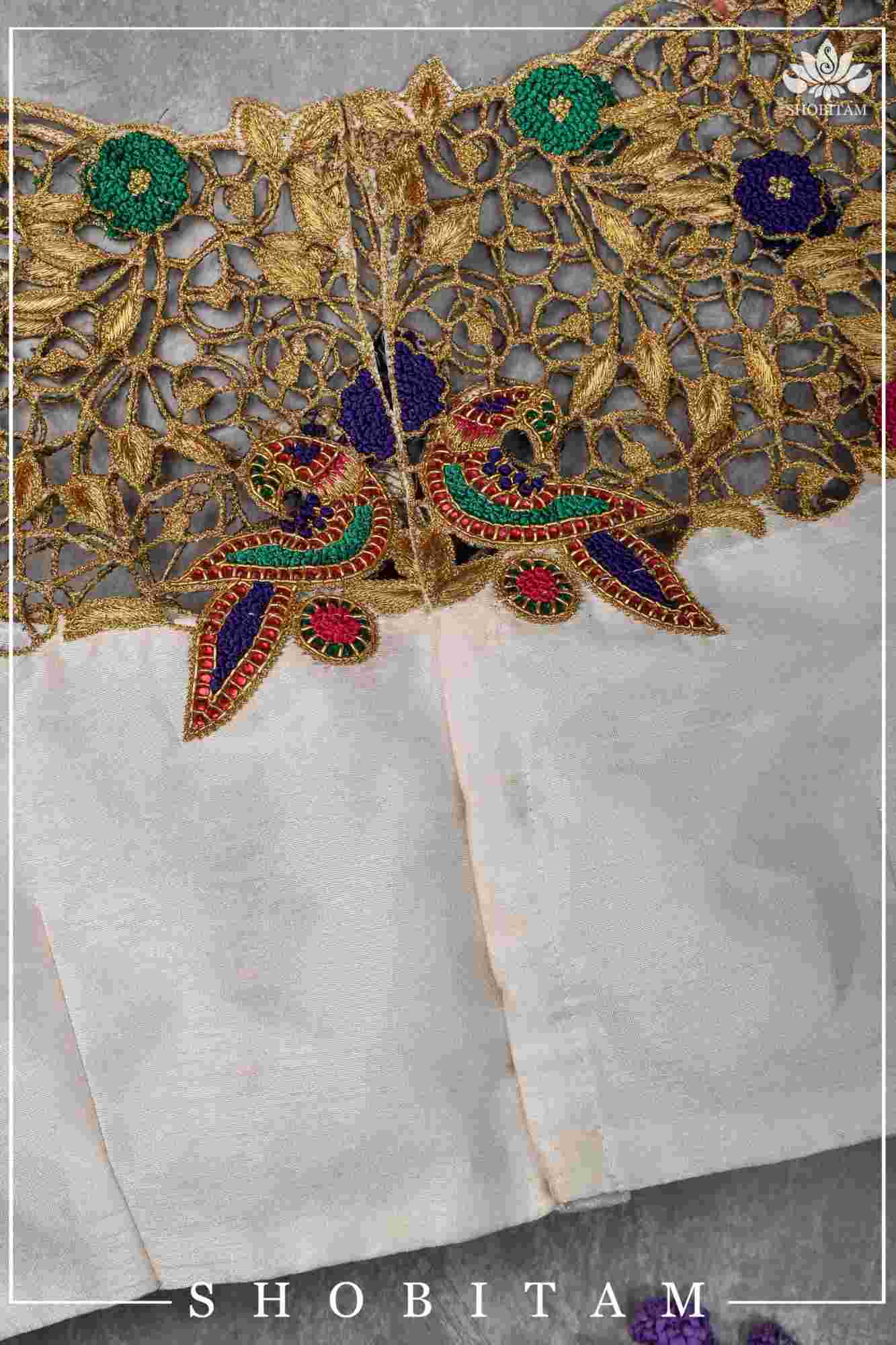 Make your own size: Hand Cutwork Yoke raw Silk Blouse with meenakari resham |Shobitam Blouse