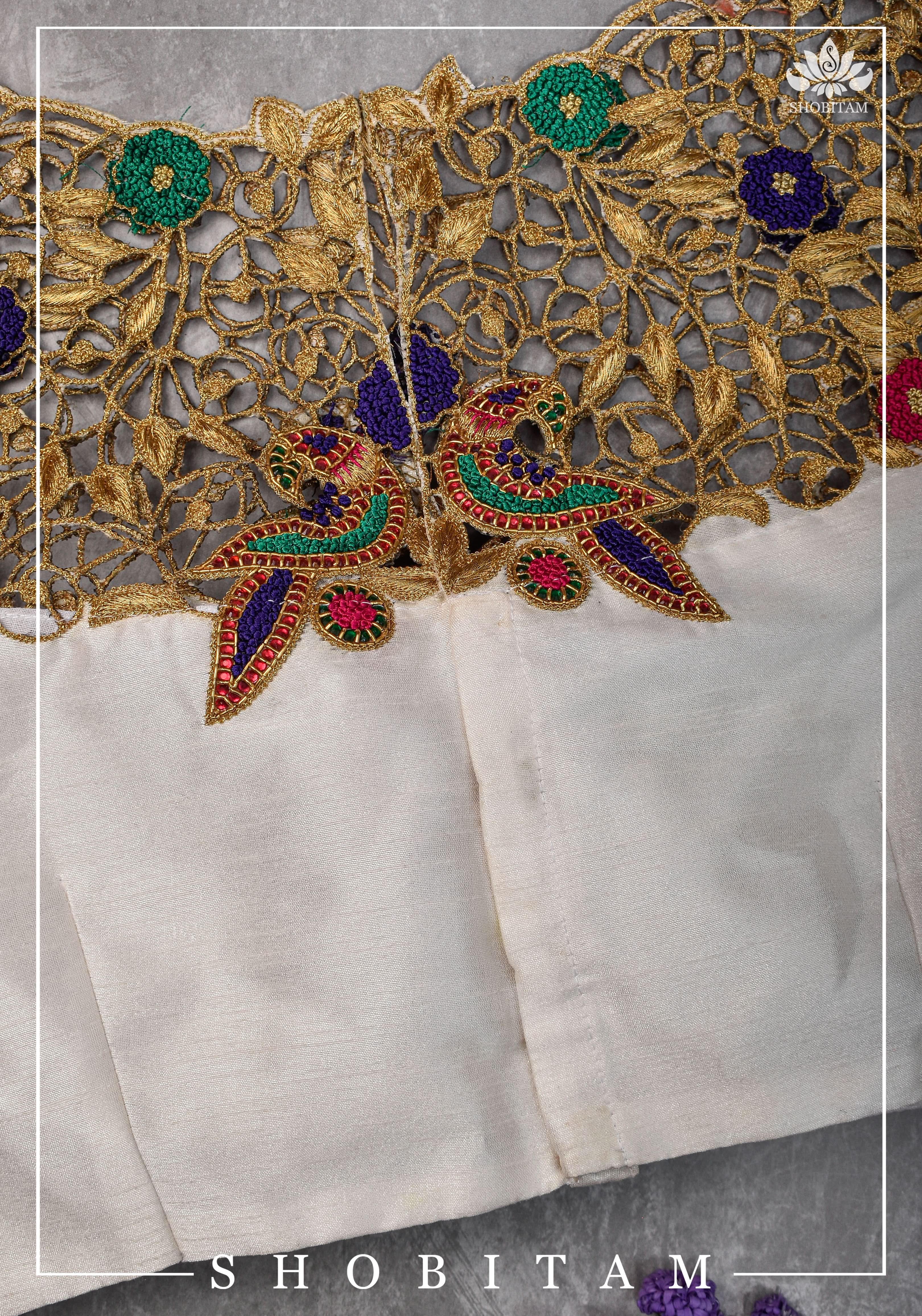 Make your own size: Hand Cutwork Yoke raw Silk Blouse with meenakari resham |Shobitam Blouse