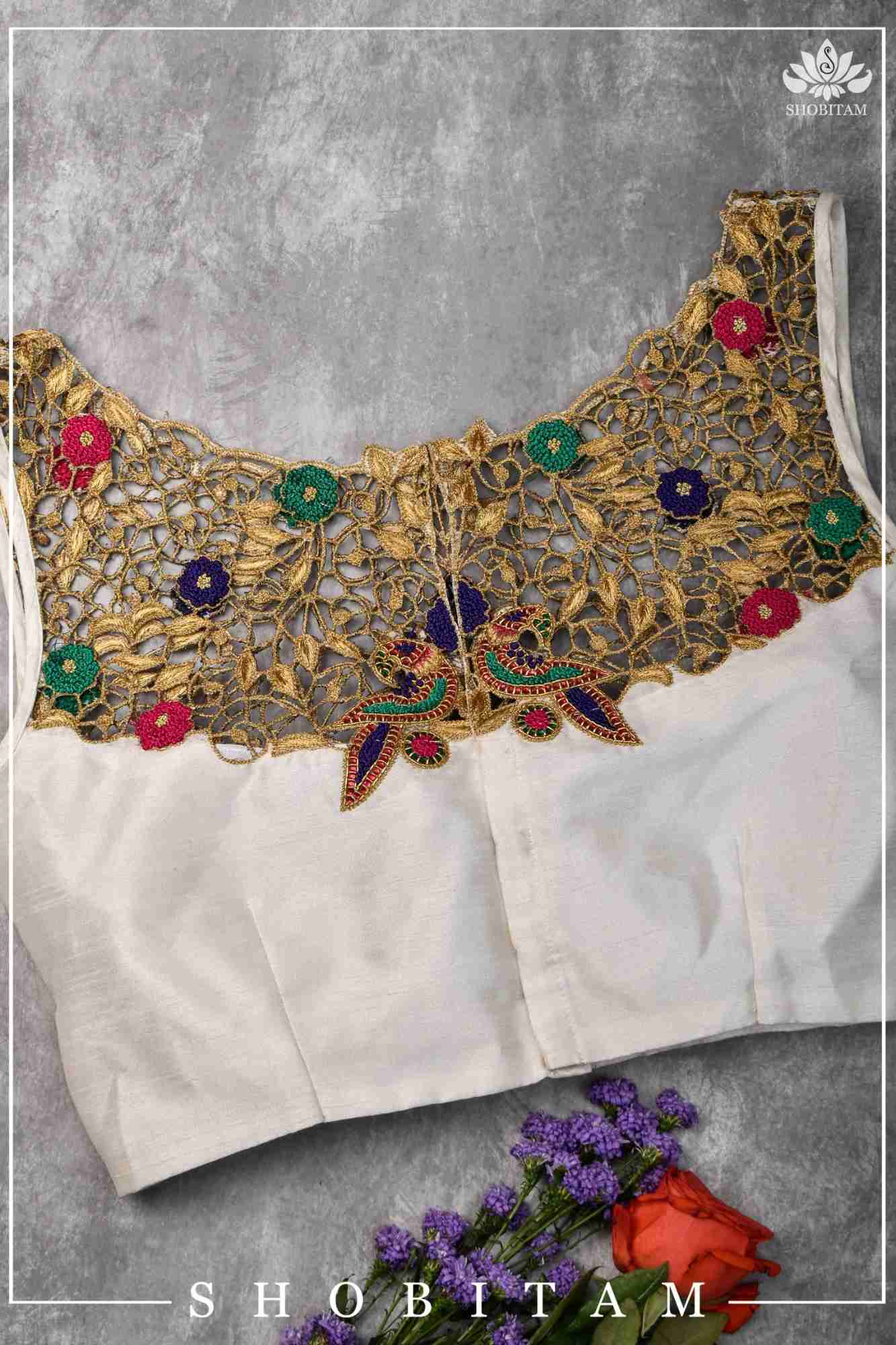 Make your own size: Hand Cutwork Yoke raw Silk Blouse with meenakari resham |Shobitam Blouse