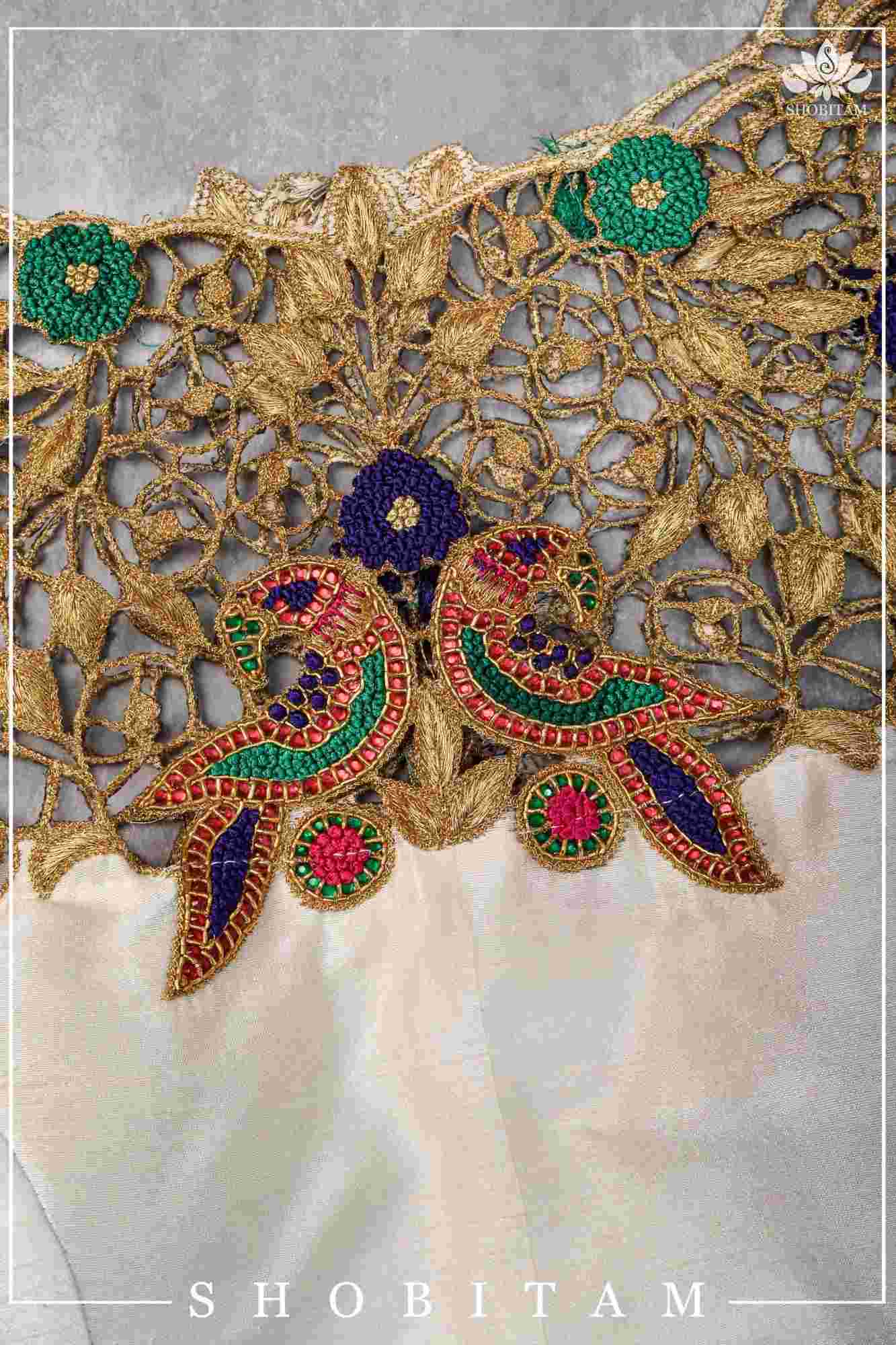 Make your own size: Hand Cutwork Yoke raw Silk Blouse with meenakari resham |Shobitam Blouse