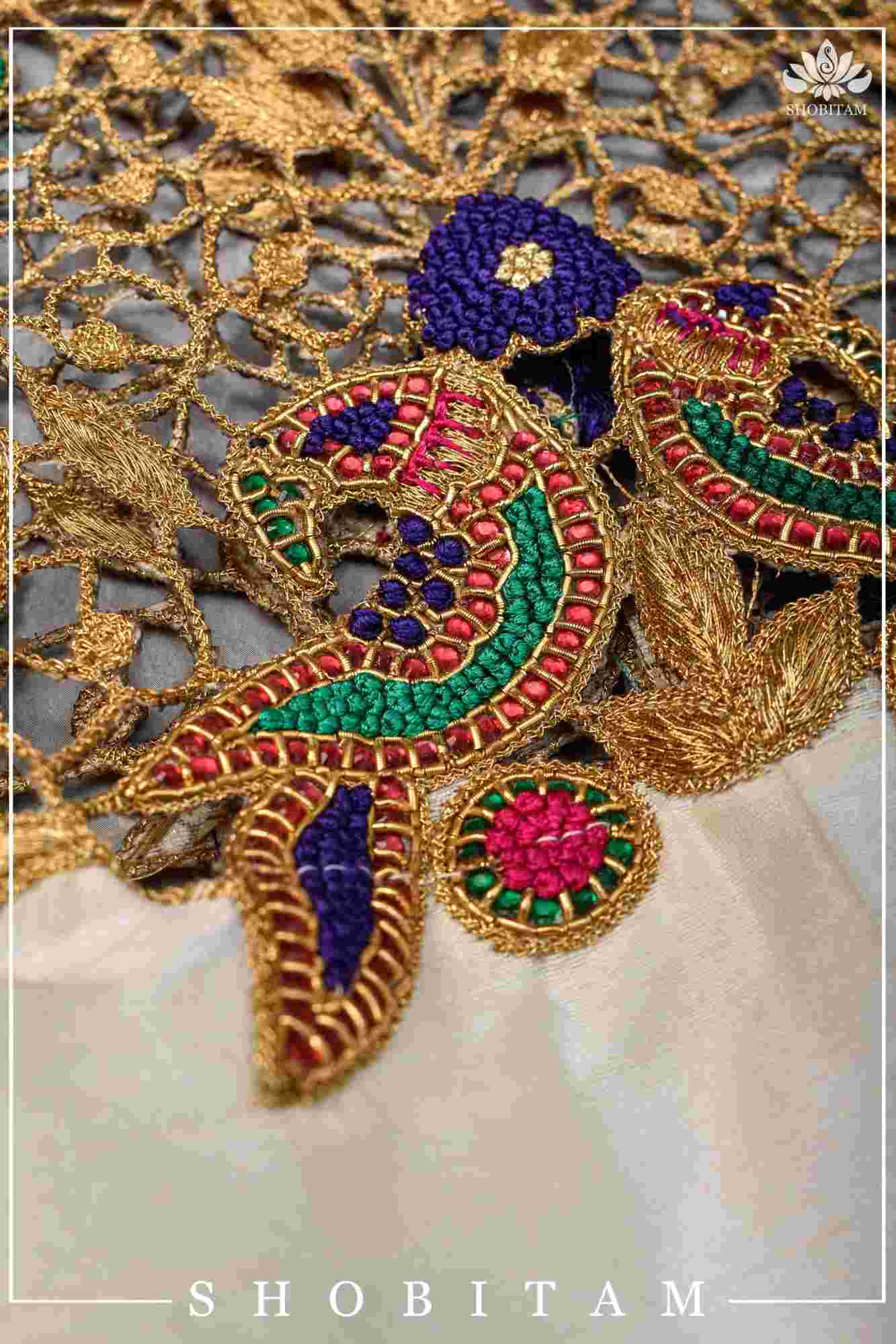 Make your own size: Hand Cutwork Yoke raw Silk Blouse with meenakari resham |Shobitam Blouse
