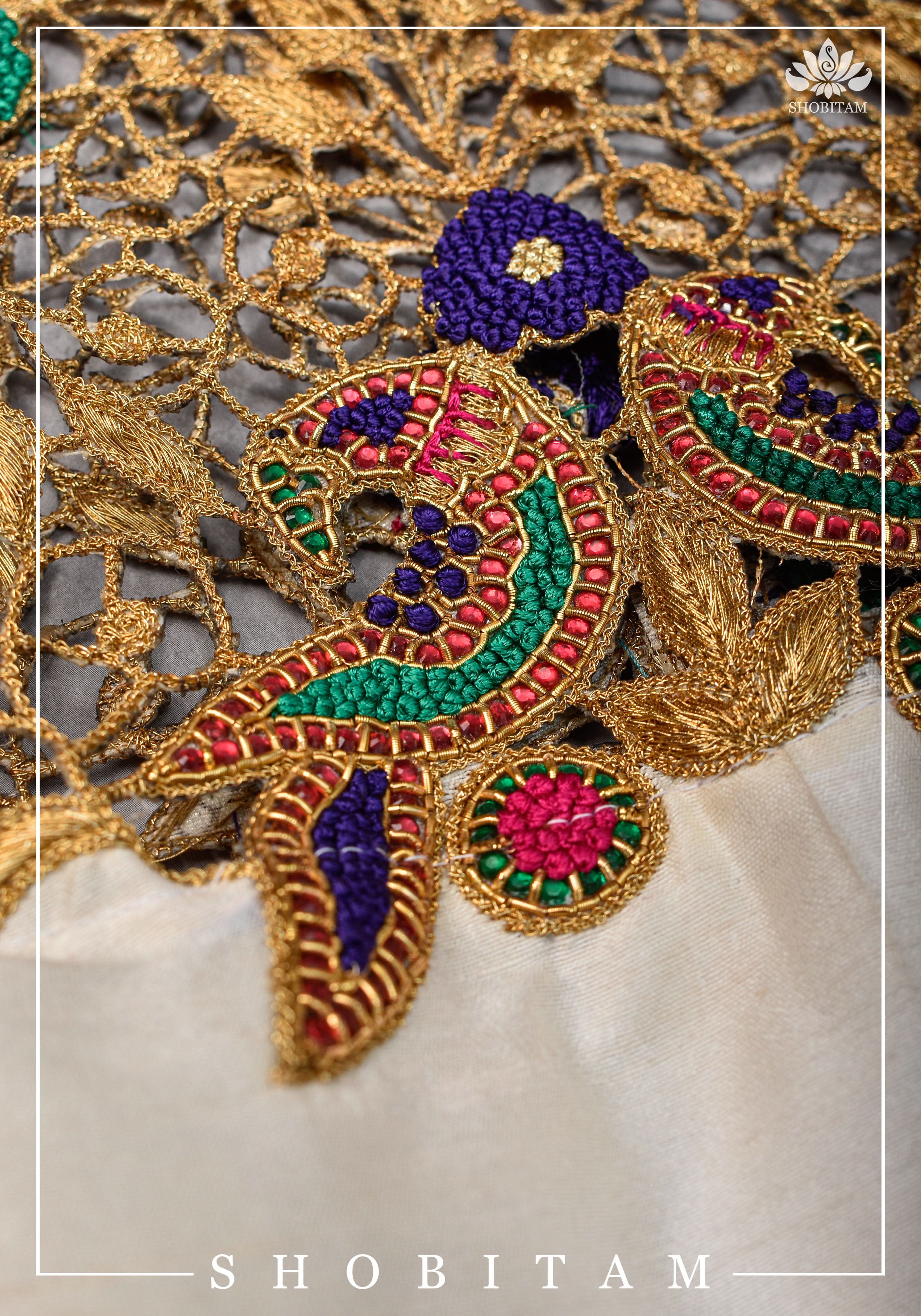 Make your own size: Hand Cutwork Yoke raw Silk Blouse with meenakari resham |Shobitam Blouse
