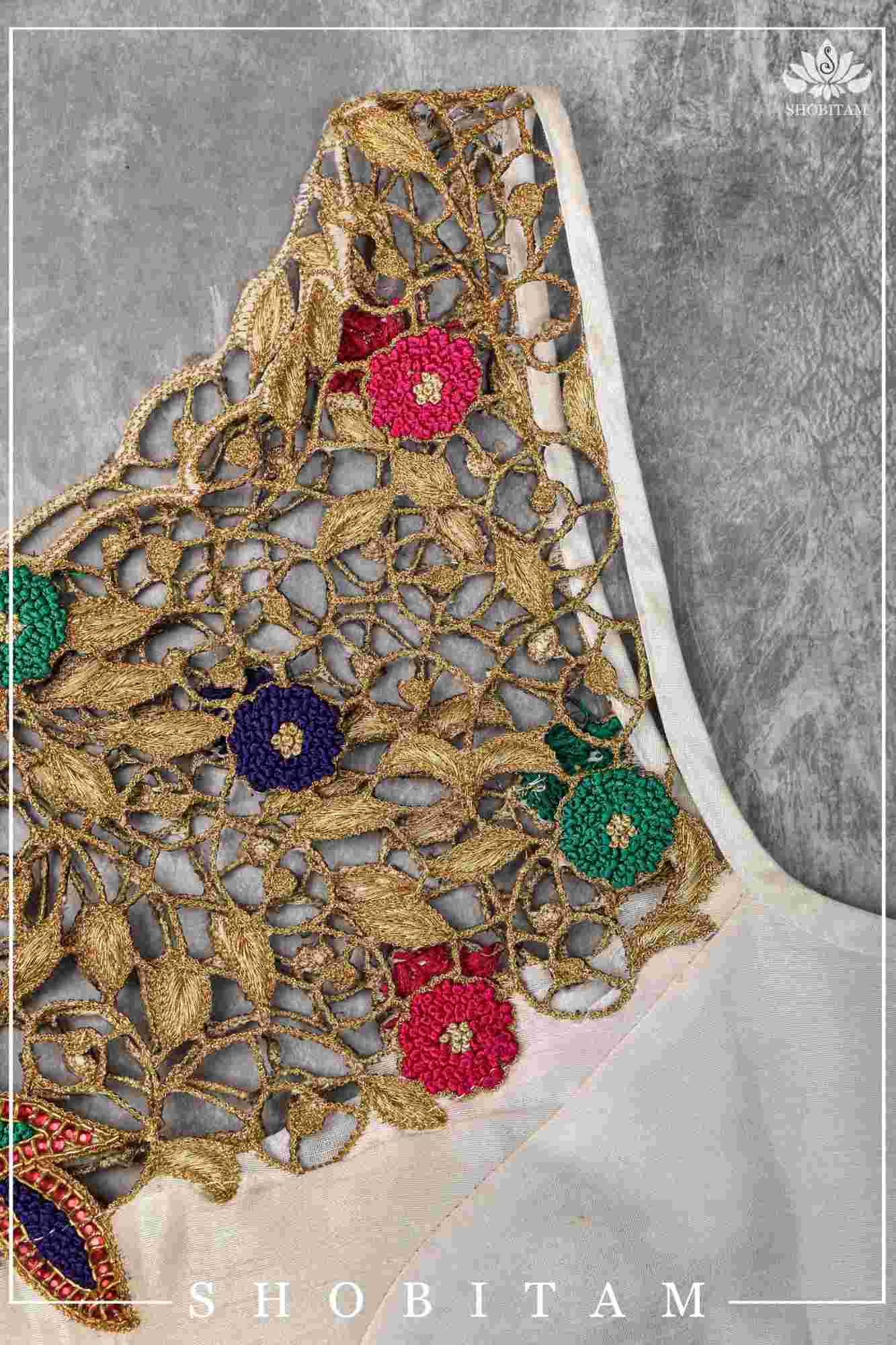 Make your own size: Hand Cutwork Yoke raw Silk Blouse with meenakari resham |Shobitam Blouse