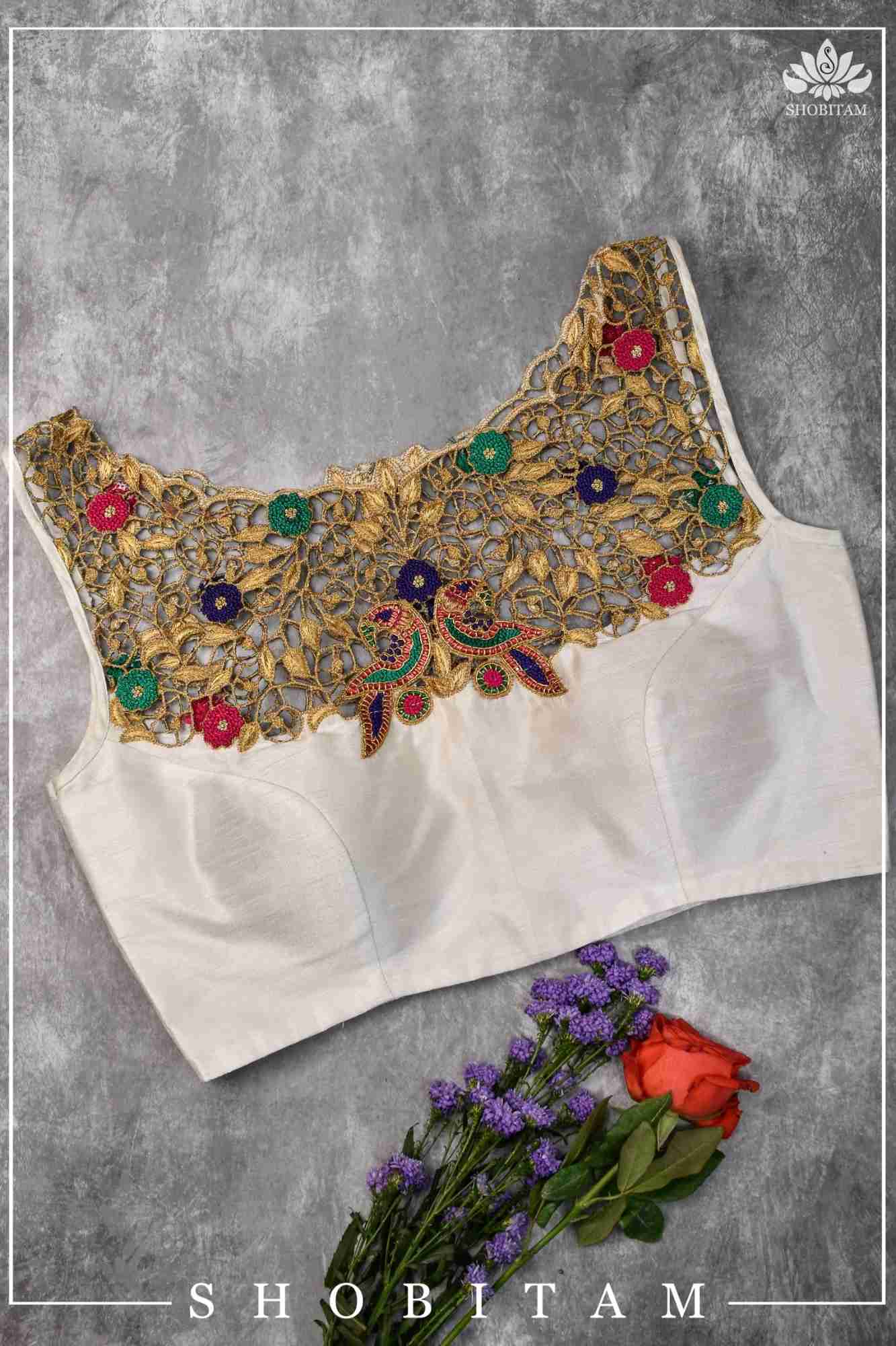 Make your own size: Hand Cutwork Yoke raw Silk Blouse with meenakari resham |Shobitam Blouse