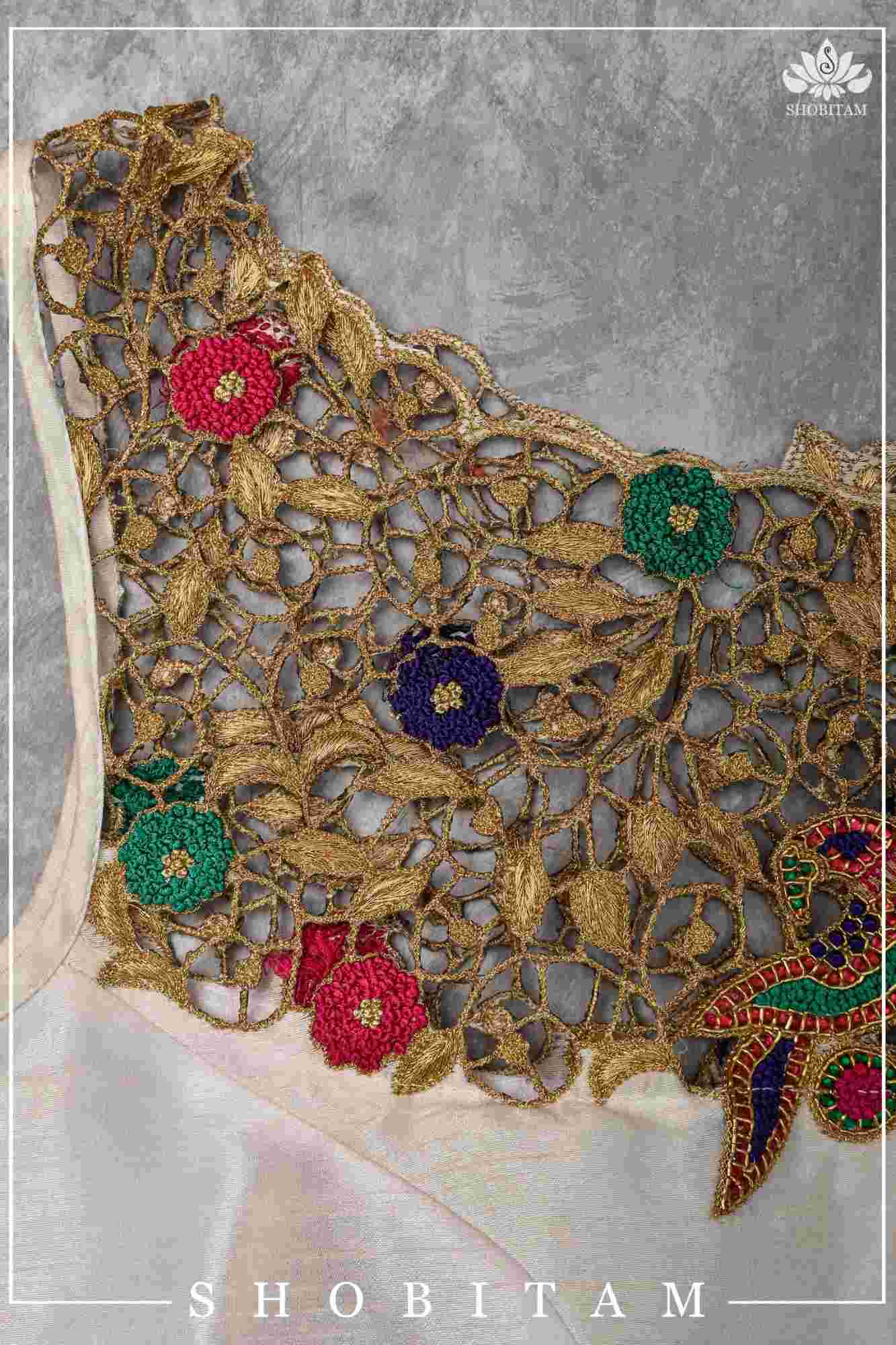 Make your own size: Hand Cutwork Yoke raw Silk Blouse with meenakari resham |Shobitam Blouse