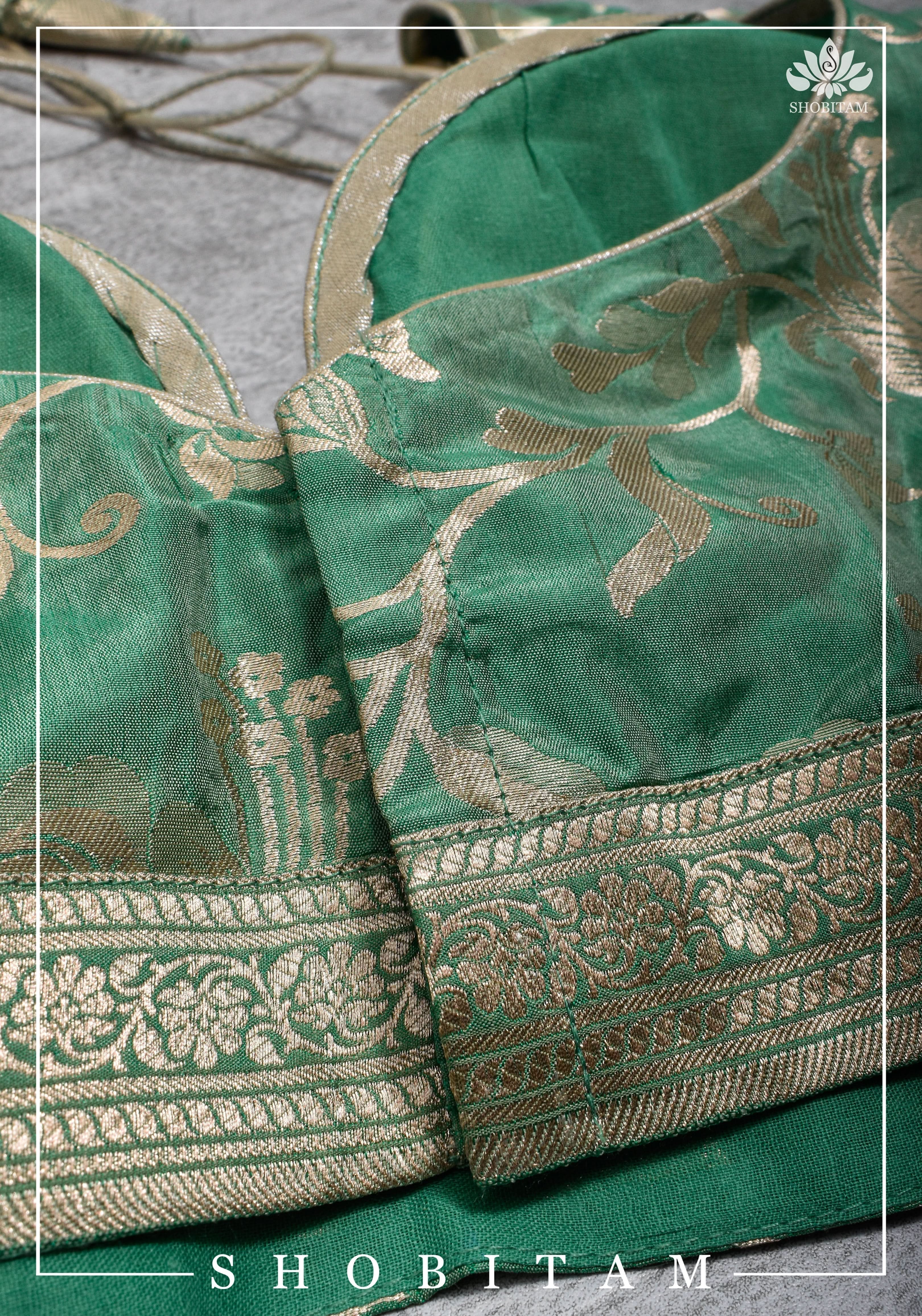 Size 42 Pure Silk Plunge Neck Blouse In Sea Green with Jaal Zari | Shobitam Saree