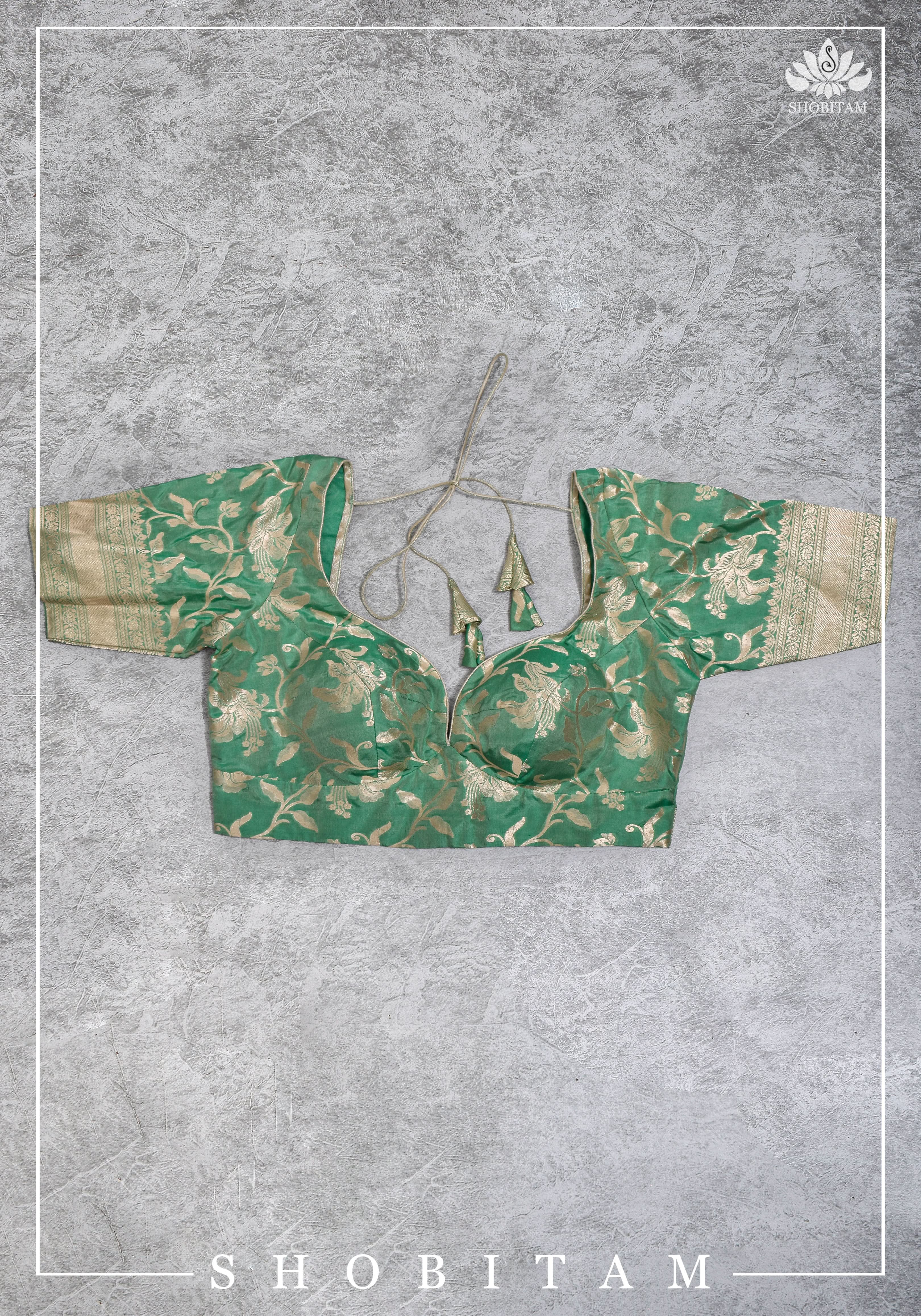Size 42 Pure Silk Plunge Neck Blouse In Sea Green with Jaal Zari | Shobitam Saree