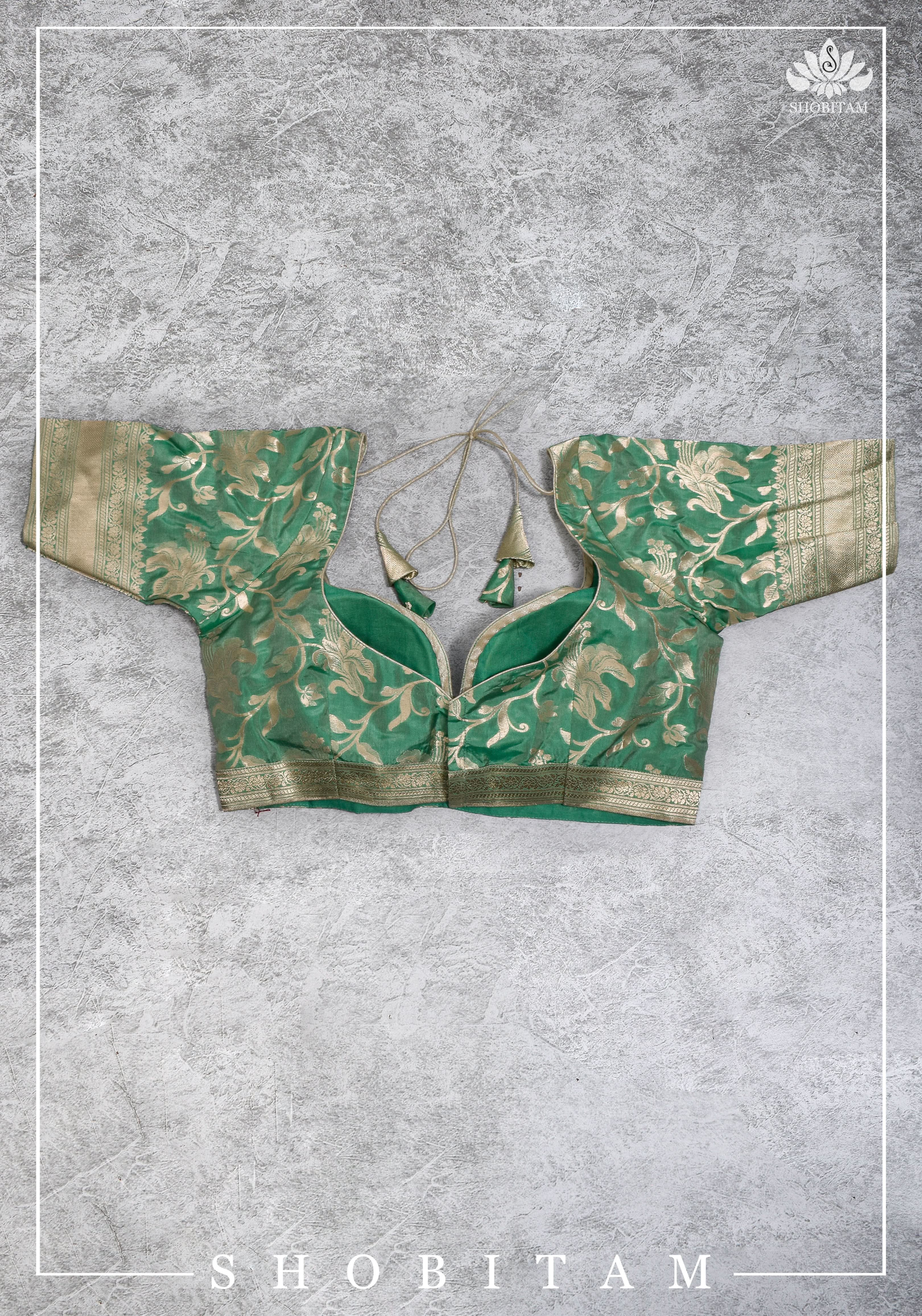 Size 42 Pure Silk Plunge Neck Blouse In Sea Green with Jaal Zari | Shobitam Saree