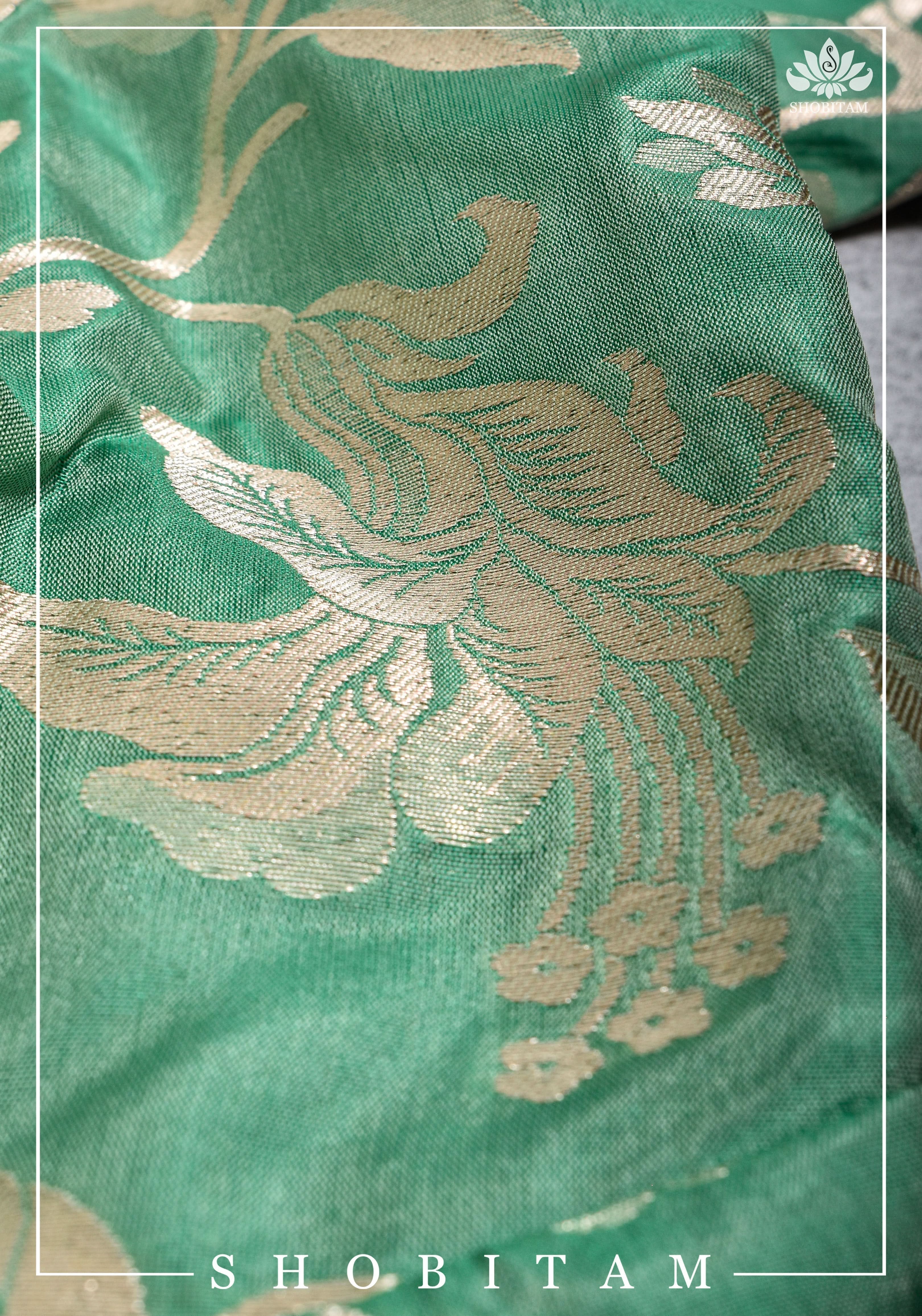 Size 42 Pure Silk Plunge Neck Blouse In Sea Green with Jaal Zari | Shobitam Saree