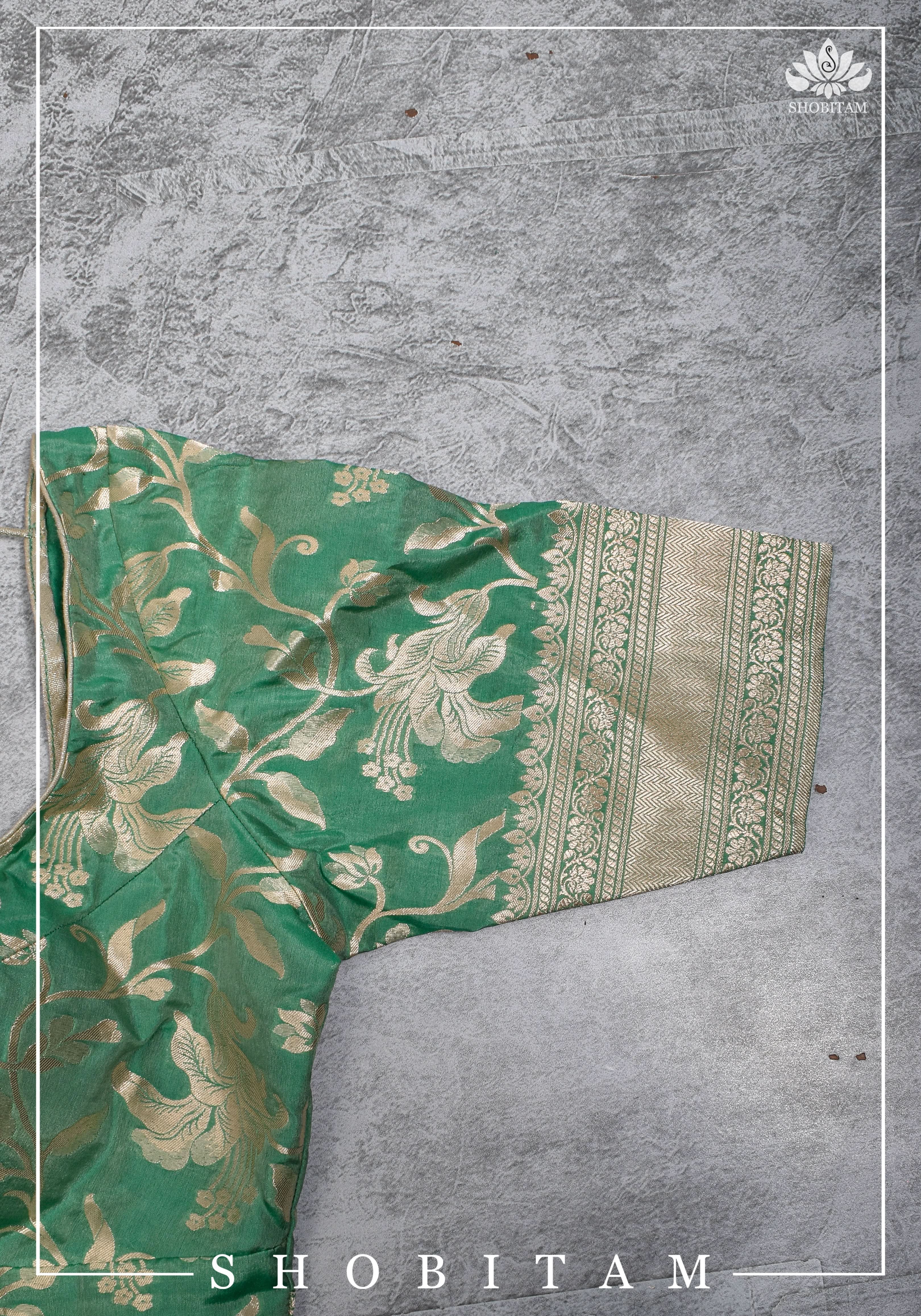 Size 42 Pure Silk Plunge Neck Blouse In Sea Green with Jaal Zari | Shobitam Saree