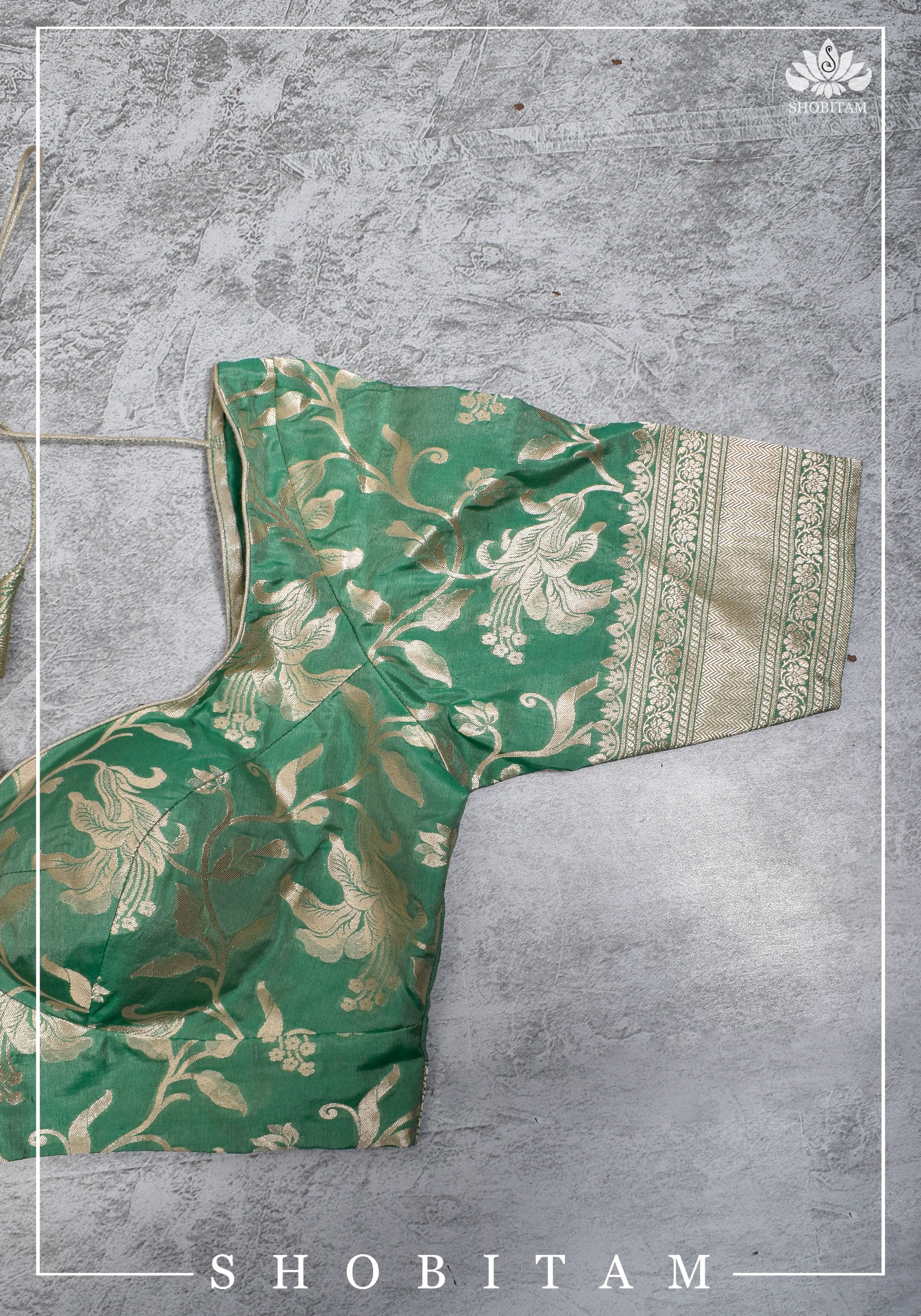 Size 42 Pure Silk Plunge Neck Blouse In Sea Green with Jaal Zari | Shobitam Saree