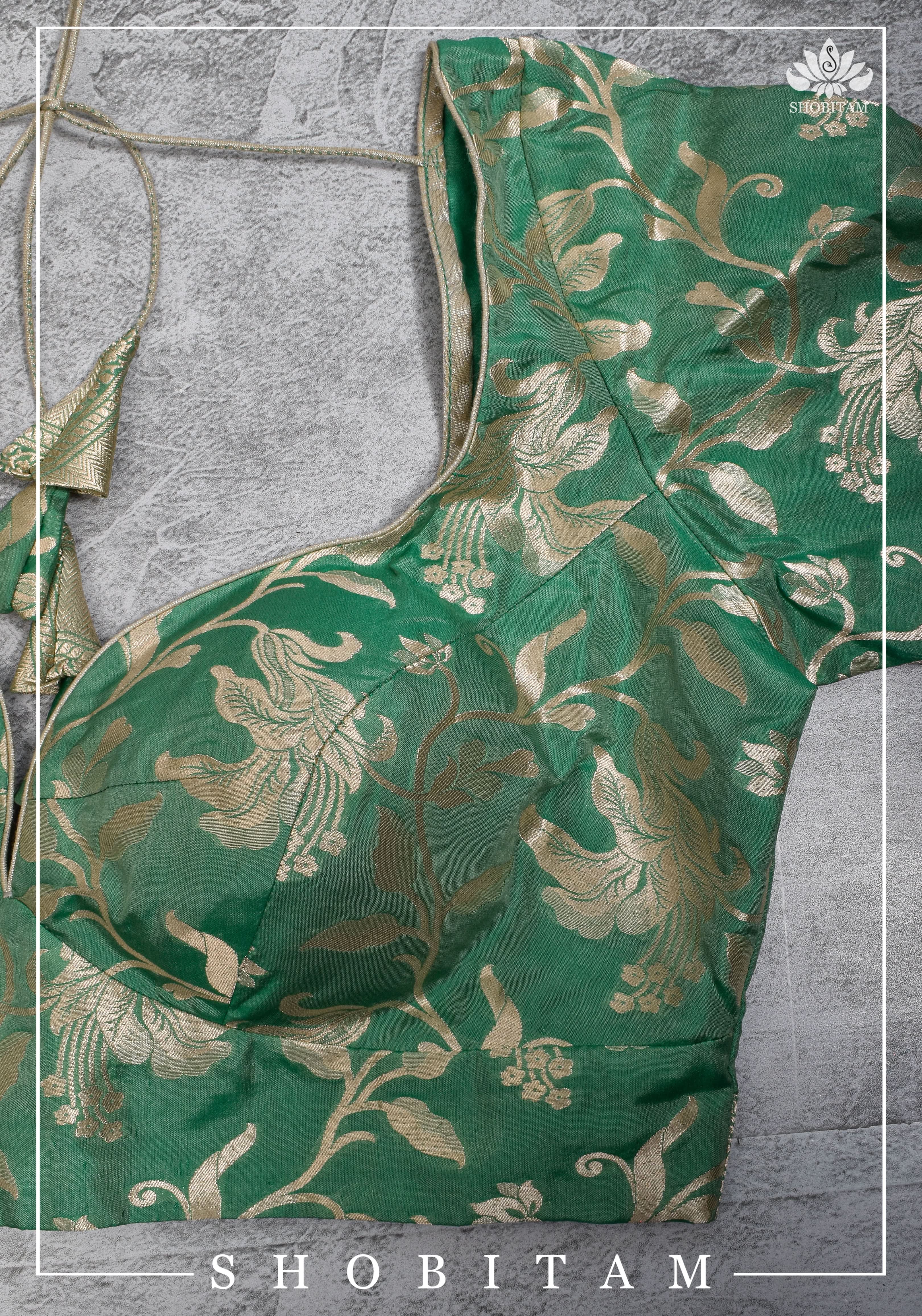 Size 42 Pure Silk Plunge Neck Blouse In Sea Green with Jaal Zari | Shobitam Saree