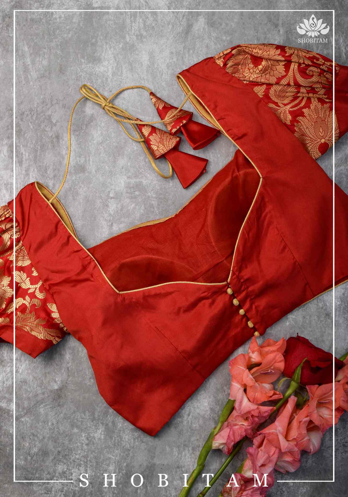 Pure Katan Silk Blouse in Red with Puff Sleeve | Shobitam Blouse