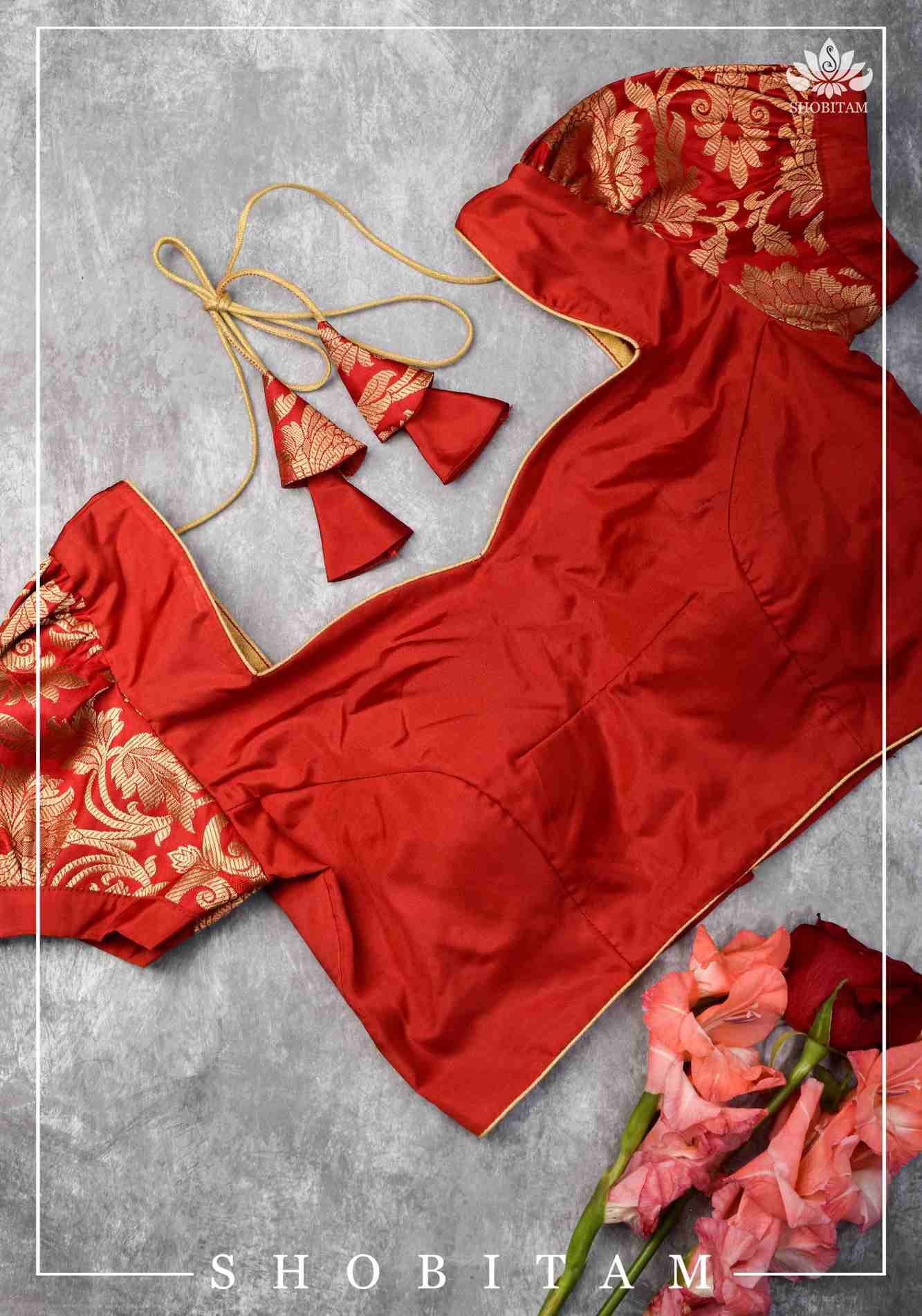 Pure Katan Silk Blouse in Red with Puff Sleeve | Shobitam Blouse