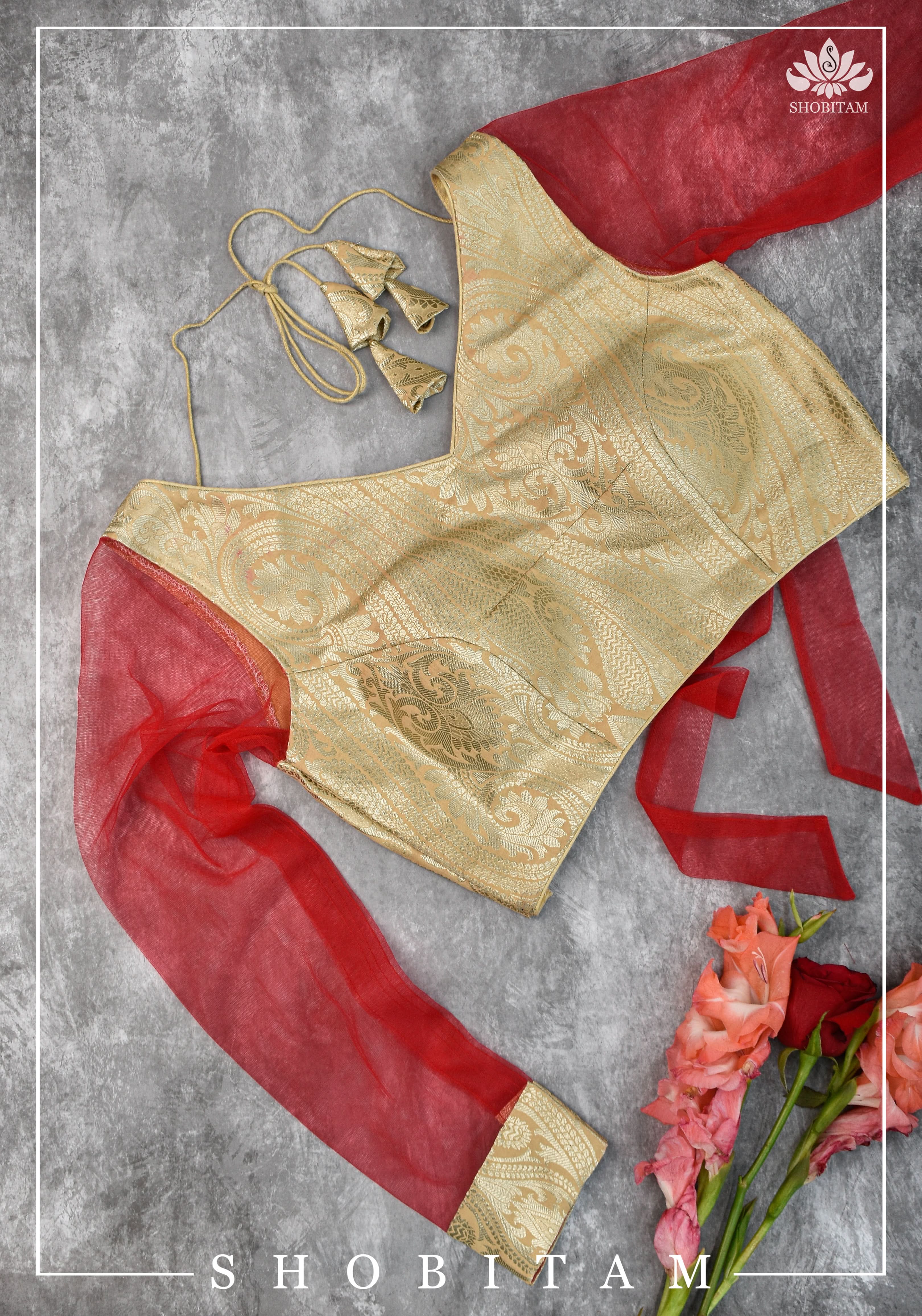 SIZE 32 Brocade Silk Blouse in Beige with Net sleeve | Statement Saree Blouse | Shobitam Blouse