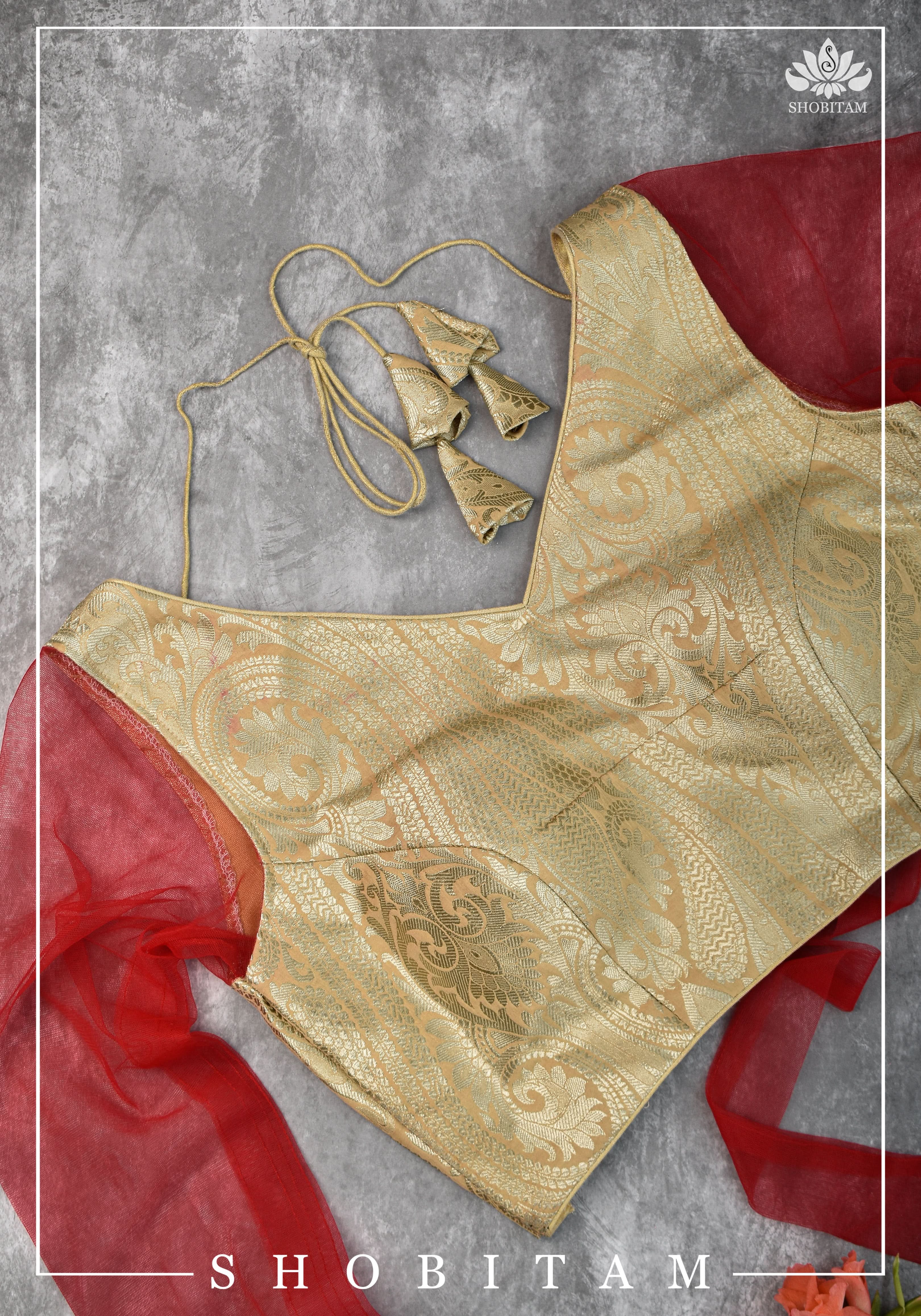 SIZE 32 Brocade Silk Blouse in Beige with Net sleeve | Statement Saree Blouse | Shobitam Blouse