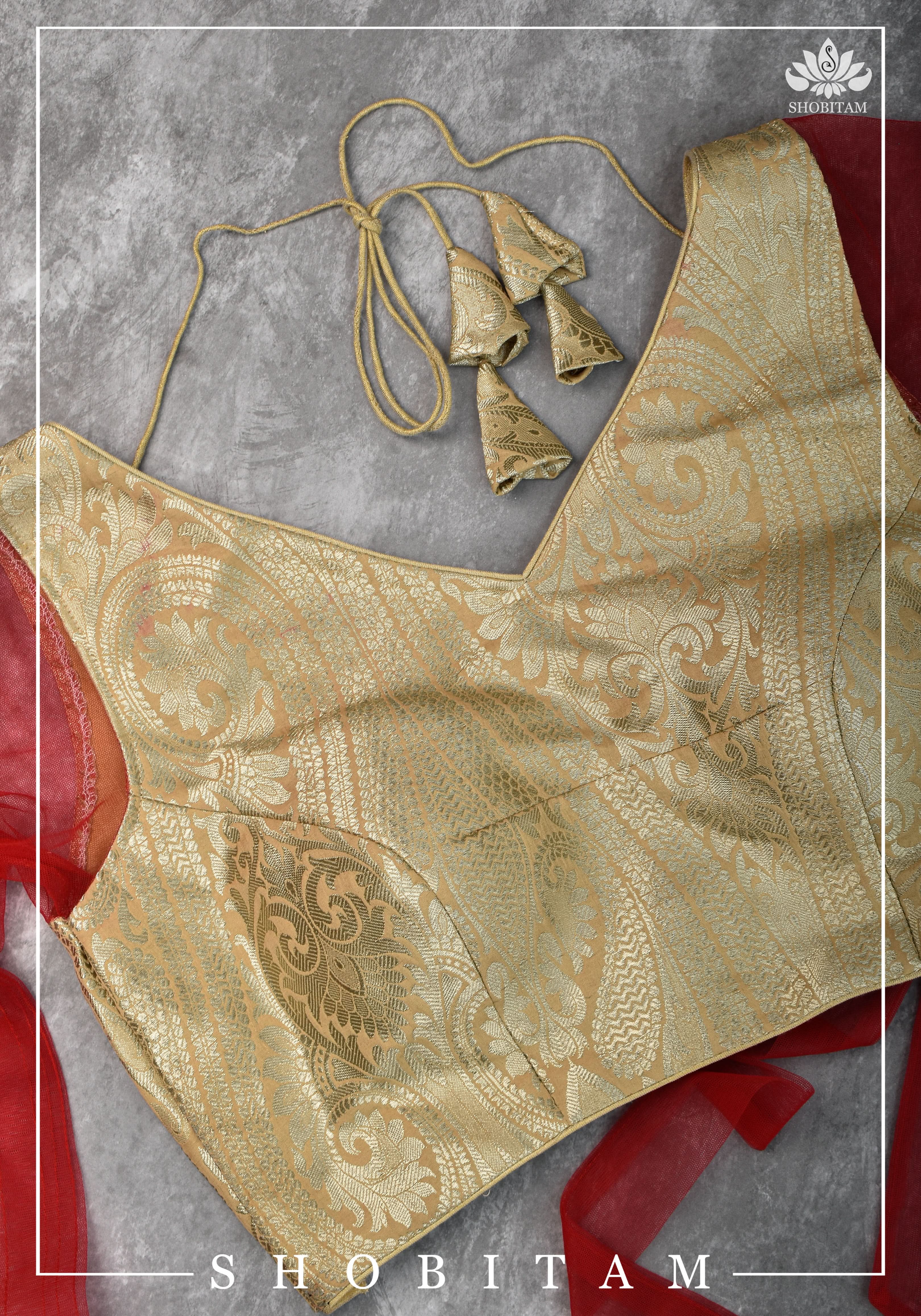 SIZE 32 Brocade Silk Blouse in Beige with Net sleeve | Statement Saree Blouse | Shobitam Blouse