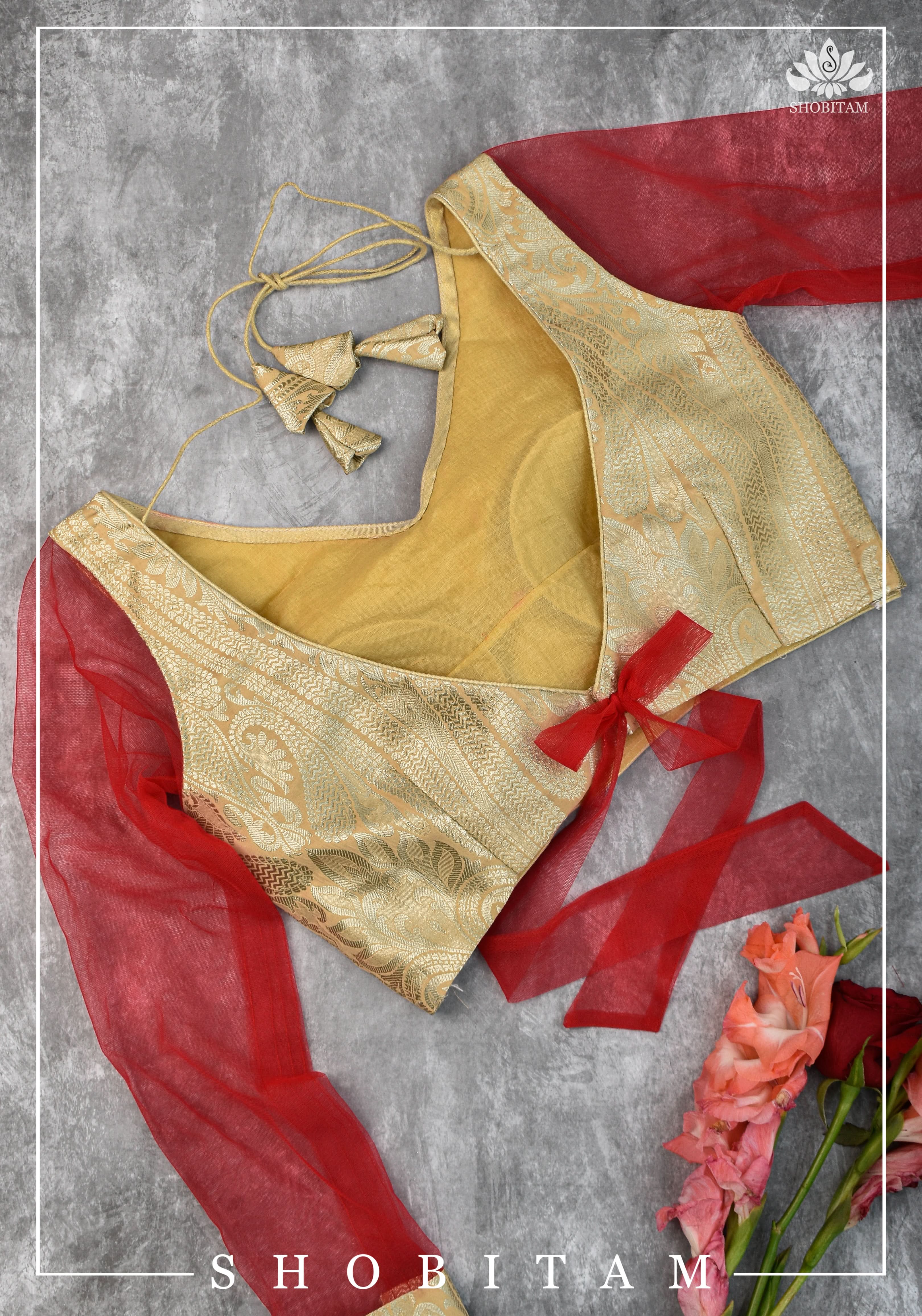 SIZE 32 Brocade Silk Blouse in Beige with Net sleeve | Statement Saree Blouse | Shobitam Blouse