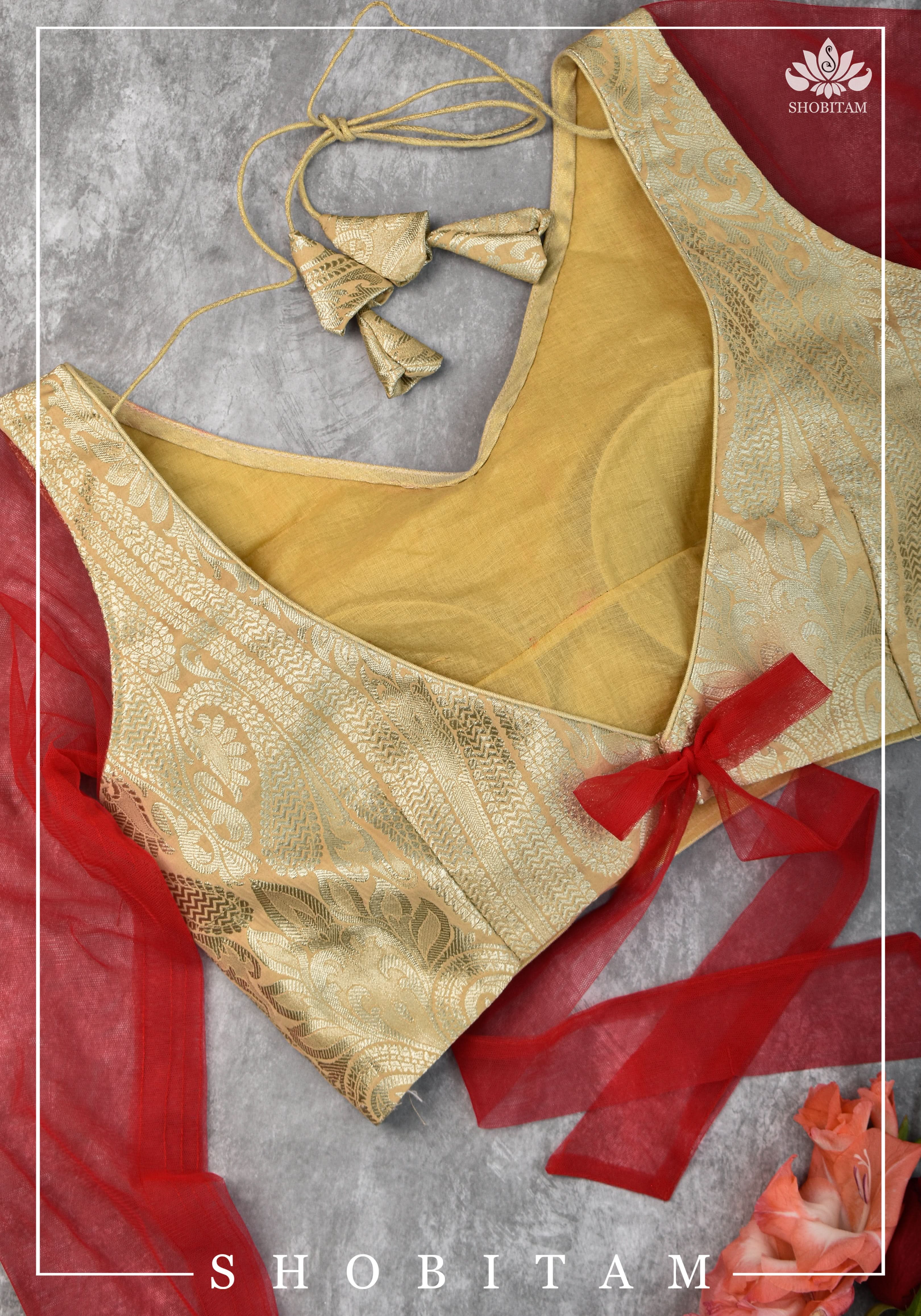 SIZE 32 Brocade Silk Blouse in Beige with Net sleeve | Statement Saree Blouse | Shobitam Blouse