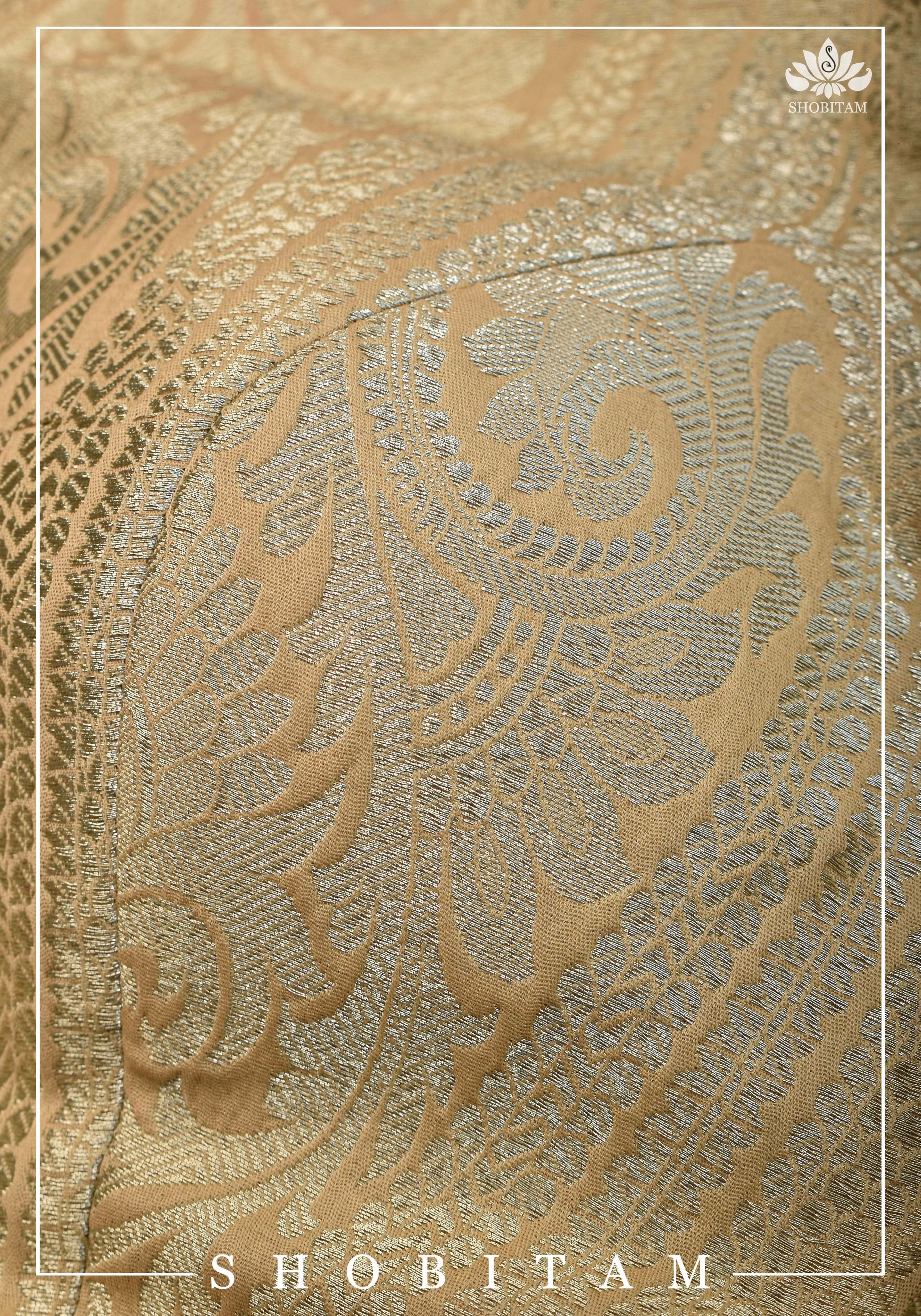SIZE 32 Brocade Silk Blouse in Beige with Net sleeve | Statement Saree Blouse | Shobitam Blouse
