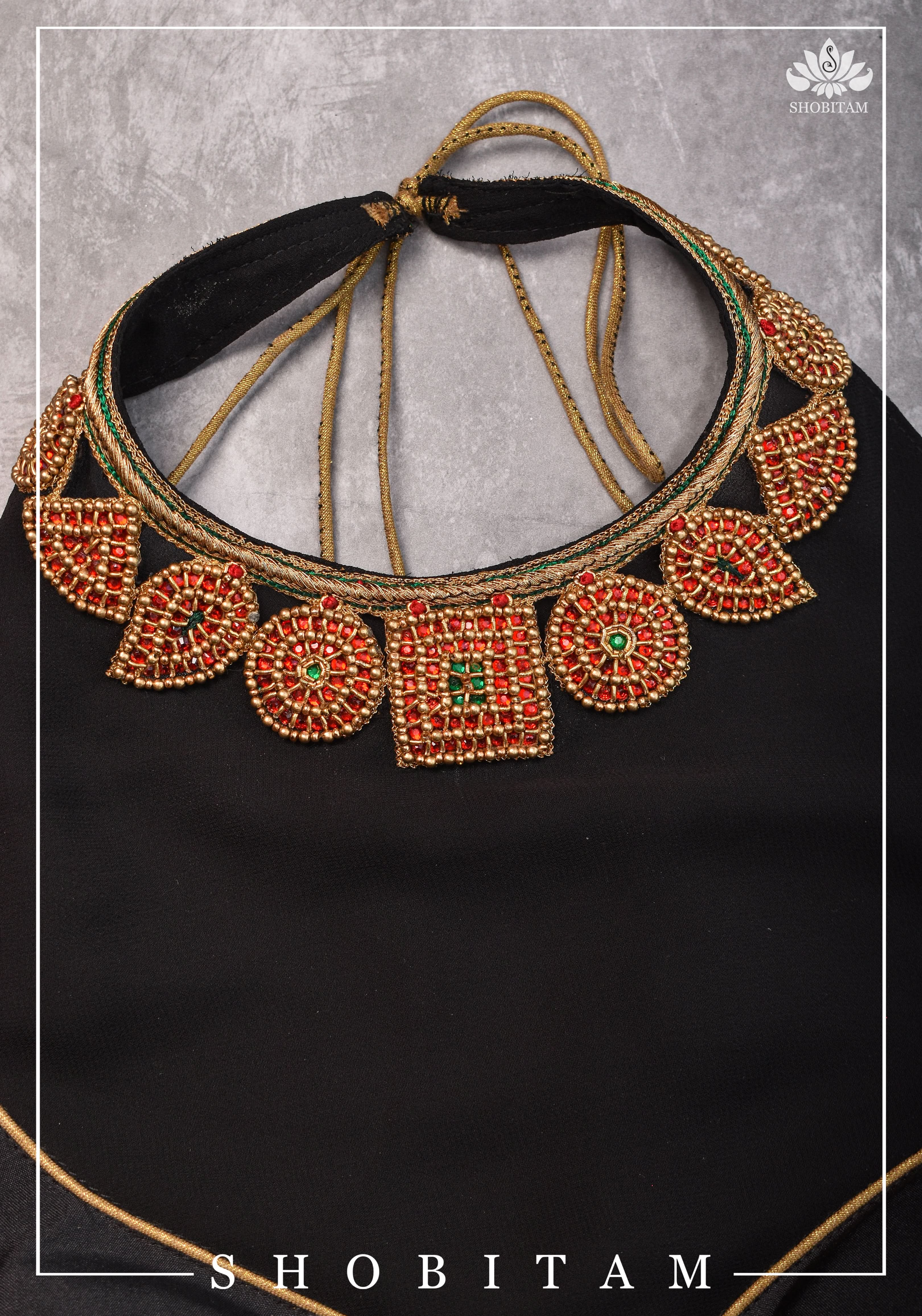 Made to order: Necklace Design Jadau Ornamental Blouse with Georgette Yoke in Black | Shobitam